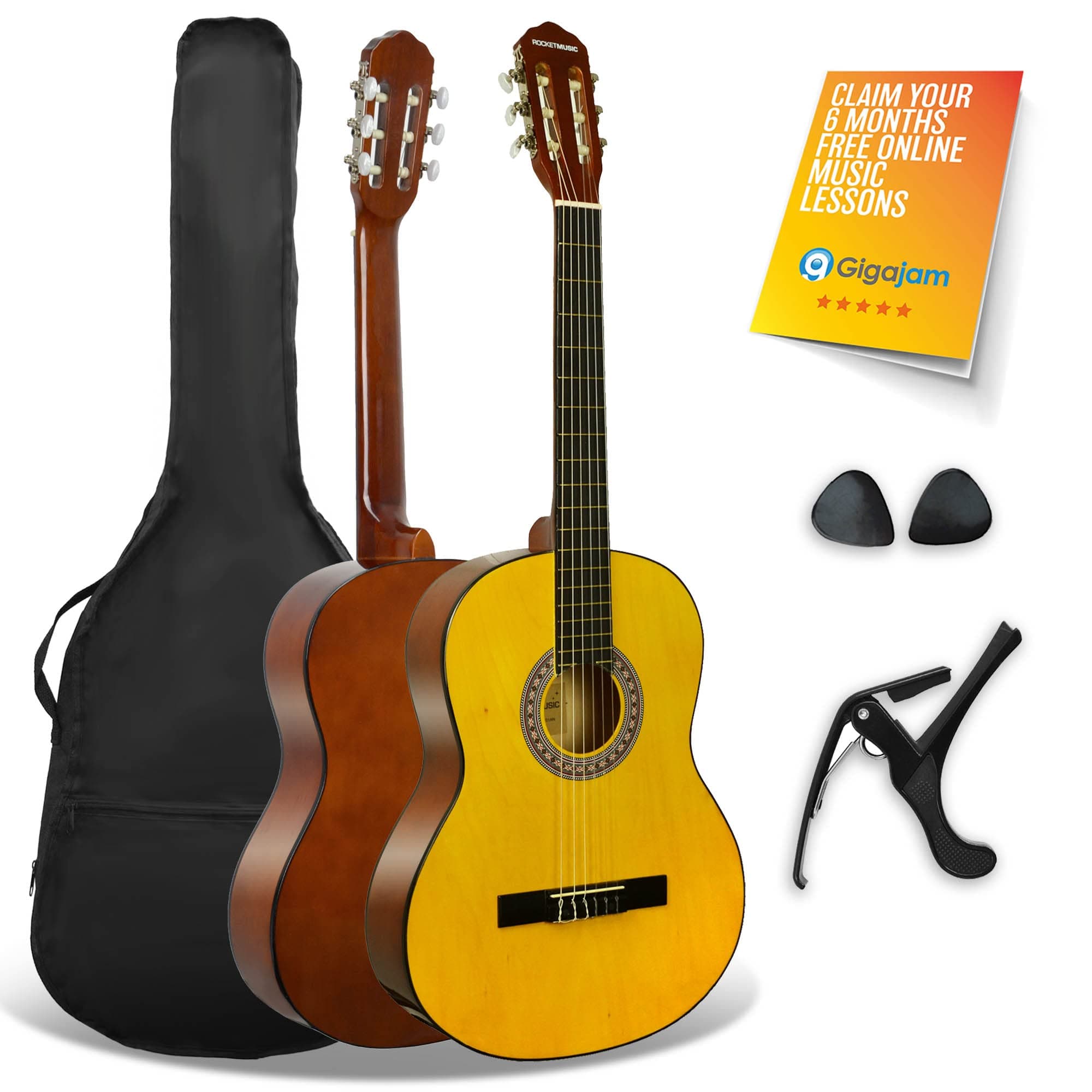 XF Full Size 4/4 Classical Spanish Starter Beginner Pack Acoustic Guitar with Nylon Strings, Gig Bag, Capo and Picks – Natural