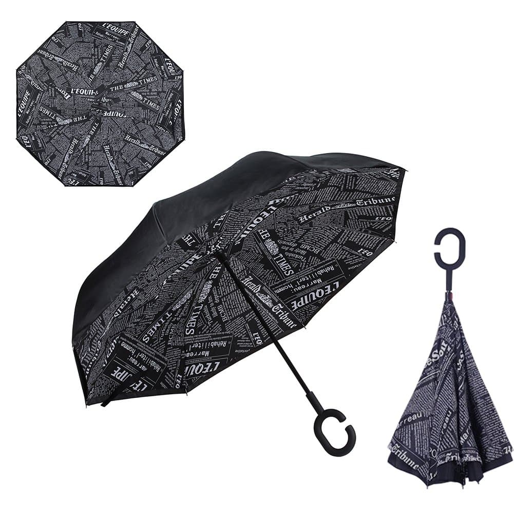 Windproof Reverse Folding Double Layer Inverted Chuva Umbrella Self Stand Inside Out Rain Protection C-Hook Hands For Car (Black Newspaper)