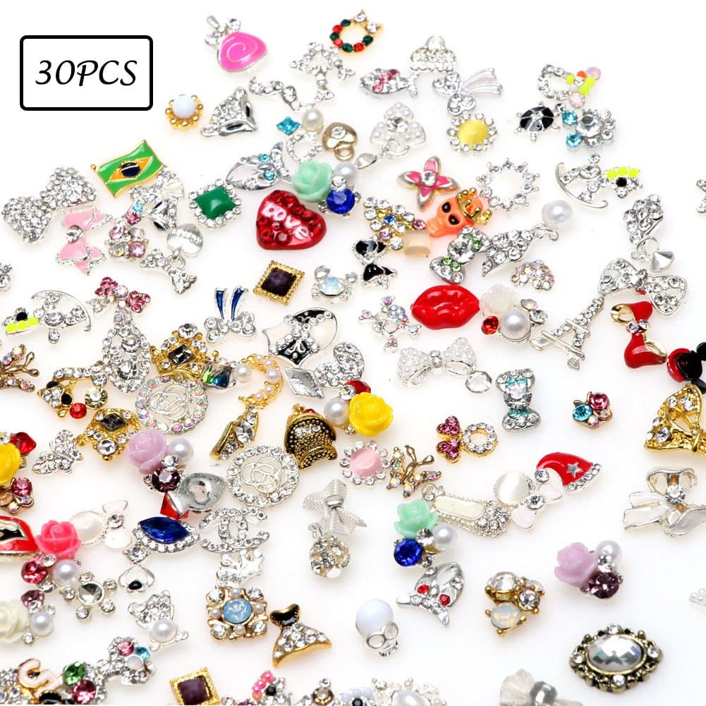 Lookathot 10/20/30PCS 3D Mixed Design Nail Art Stickers Decals Metallic Gold Silver Studs Flowers Skull Rhinestones Diamonds Pearls Drills Alloy Manicure DIY Decoration Tools (30PCS(Random Sent))