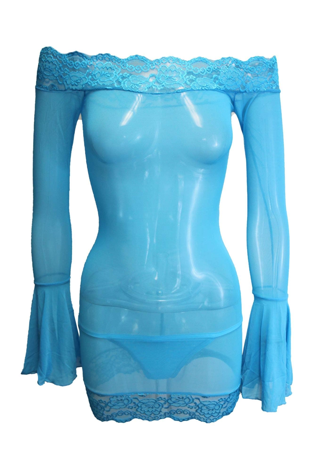 Flirtzy 2 PC Sexy Sheer Mesh Bell Sleeve Mini Dress and Thong with Lace Trim, Blue