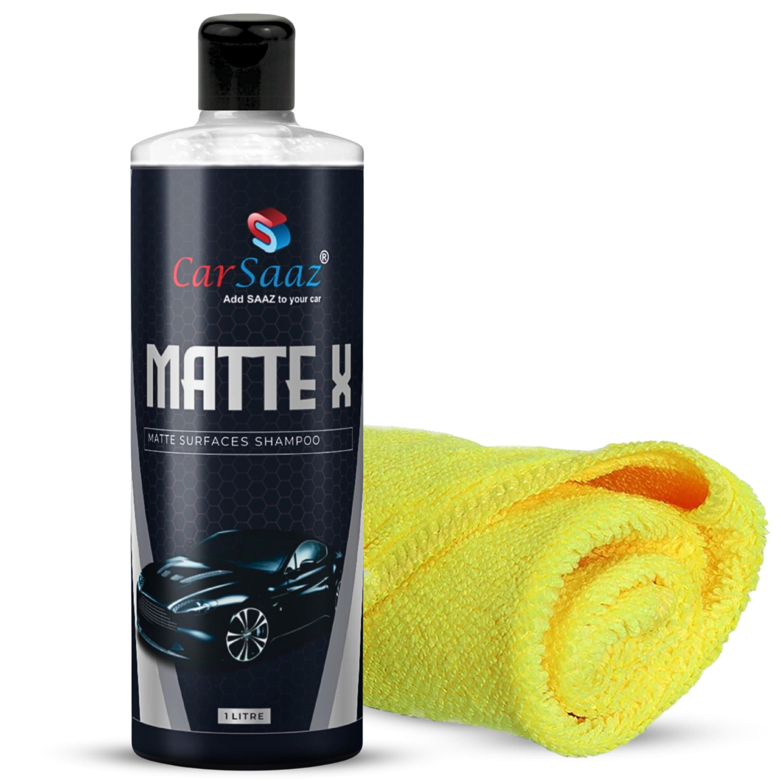 CAR SAAZ Matte X Car & Bike Wash Shampoo (1 Ltr) with Microfiber Cloth 380 GSM | Shampoo for matte vehicles | Wash, Shine & Protect | Matte Car & Bike Shampoo | pH Neutral, Highly Effective (1000 ml)