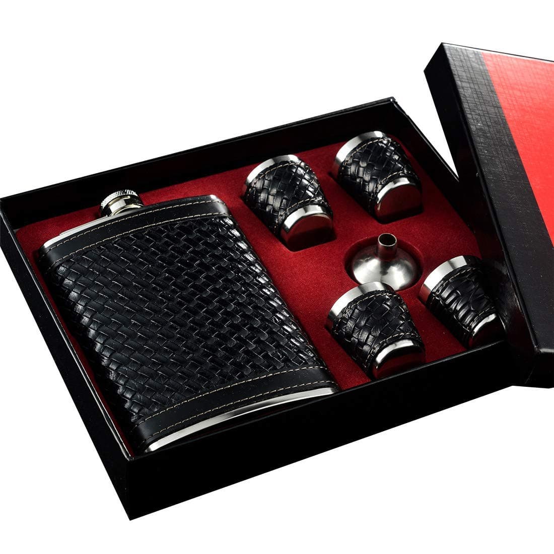 GENNISSY Black Woven Leather Wrap Steel Hip Sets Gift New Stainless Metal Portable 8 Ounce Hip Flask Sending Wine Glass and Funnel …