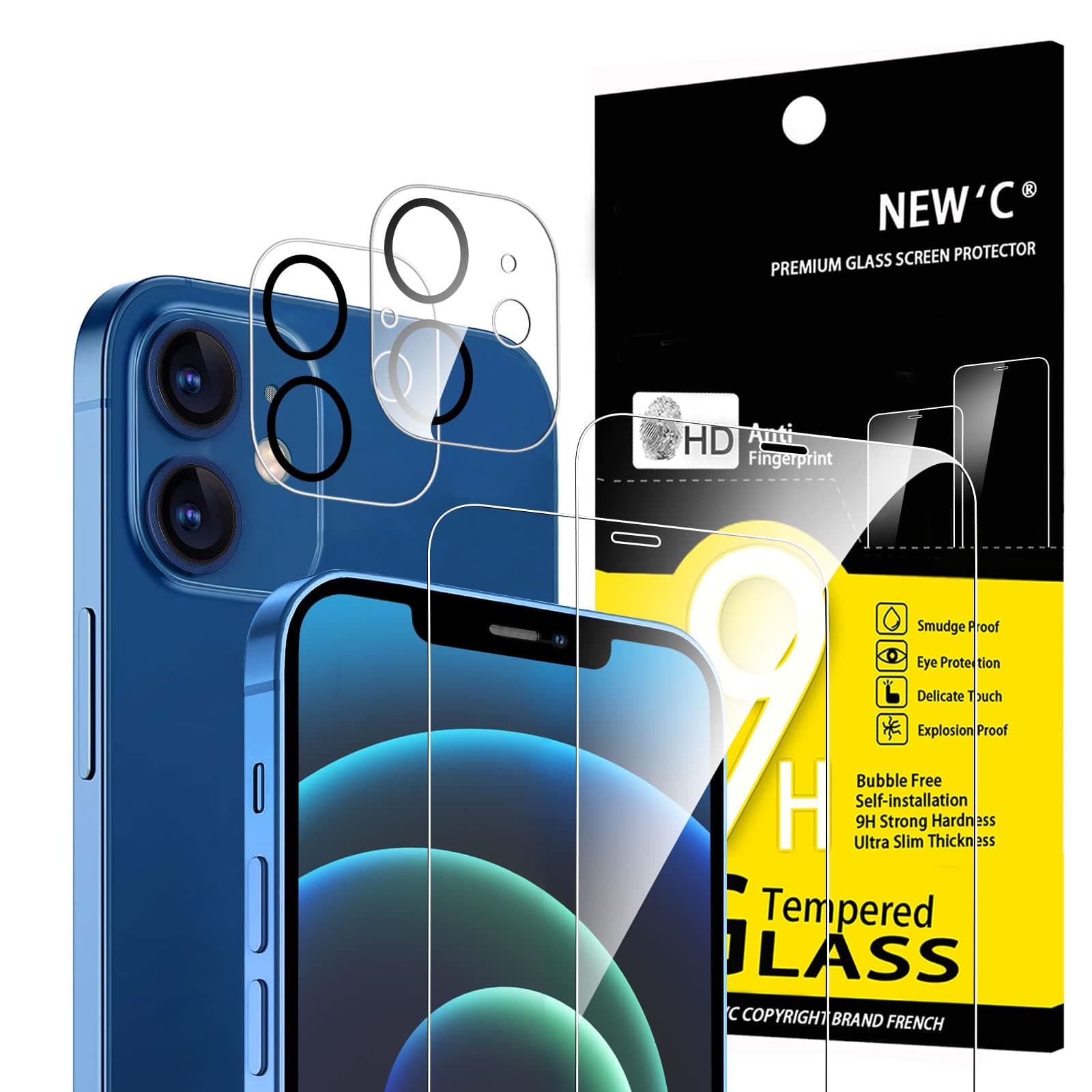 NEW'C4 Pack, 2 Pack for iPhone 12 Screen Protector (6.1 inch) + 2 Pack Camera Lens Protector, Sensor Protection,Case Friendly Tempered Glass Film