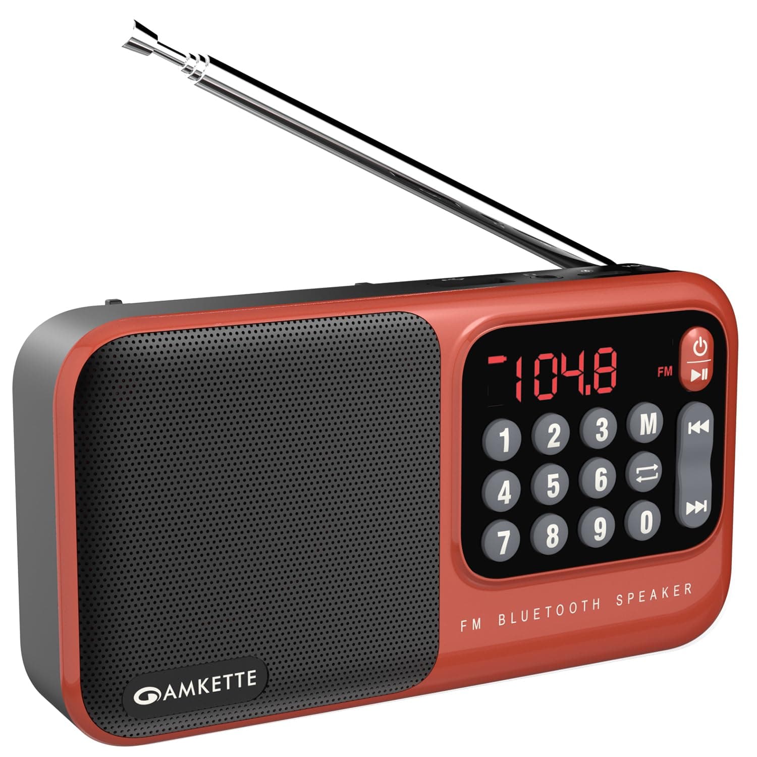 Amkette Pocket Mate Digital FM Radio with Bluetooth Speaker - Type C Charging, Antenna, Multiple Playback 8 Hours Playtime, and Number Pad (Headphone Jack, SD Card, USB Input) (Red)