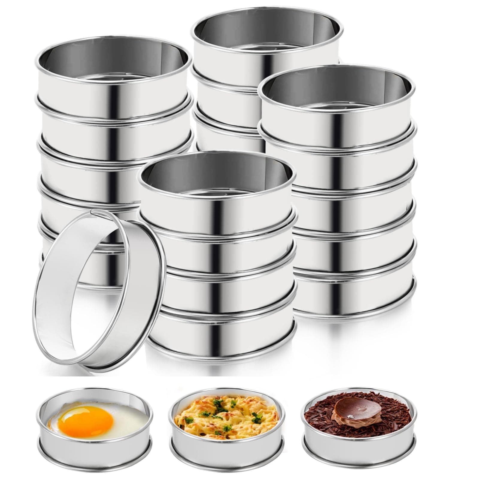 Lyellfe 20 Pieces English Muffin Rings, Stainless Steel Crumpet Rings, 3 Inch Double Rolled Nonstick Muffin Tart Ring Mold for Home Baking, Food Making