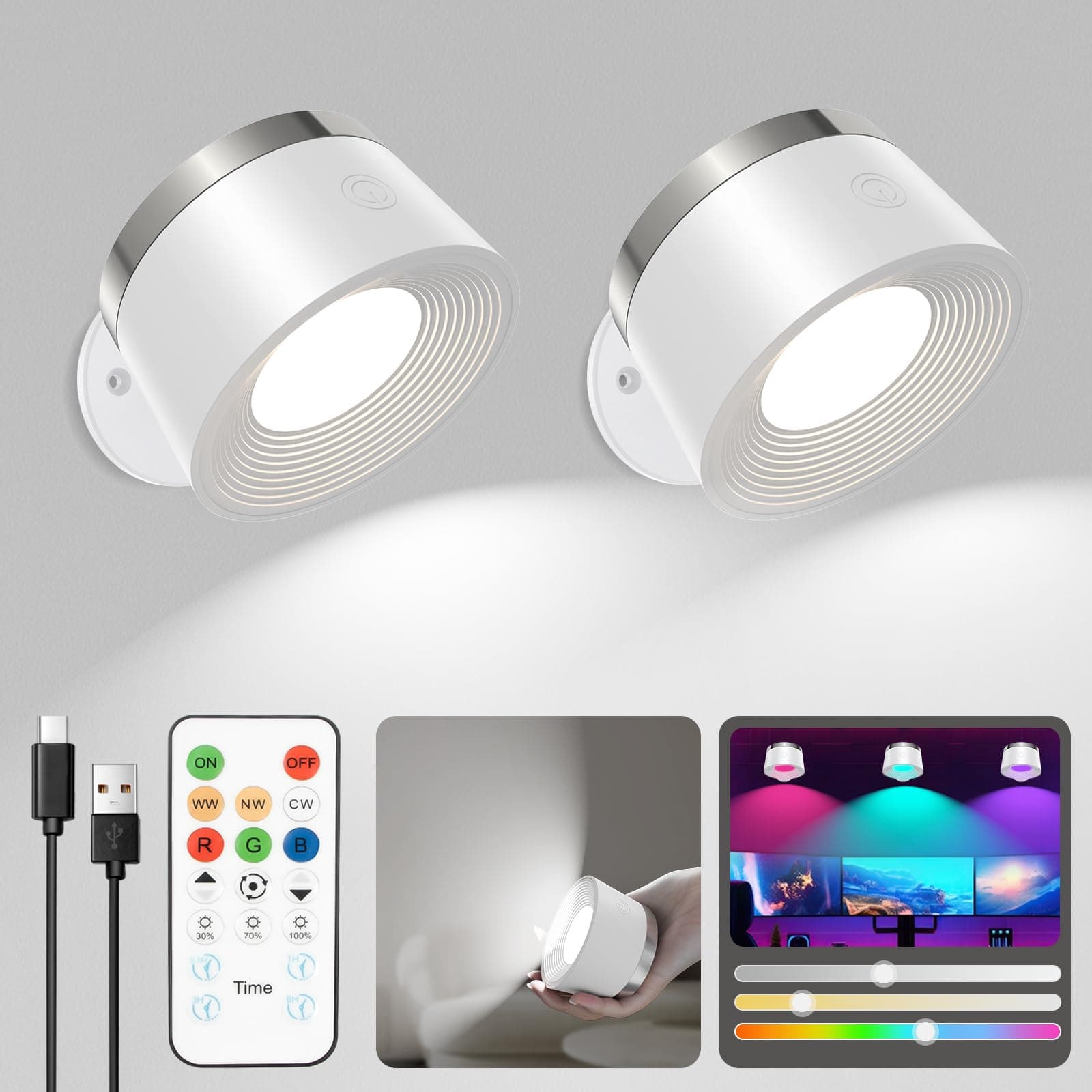 Battery Operated Wall Lights 2 Pack, LED Rechargeable Wall Lights Indoor, 3500mAh Magnetic Wall Lamp with Remote, 3 Color Temperatures & 13 RGB & Dimmable 360° Free Rotation Wall Sconces