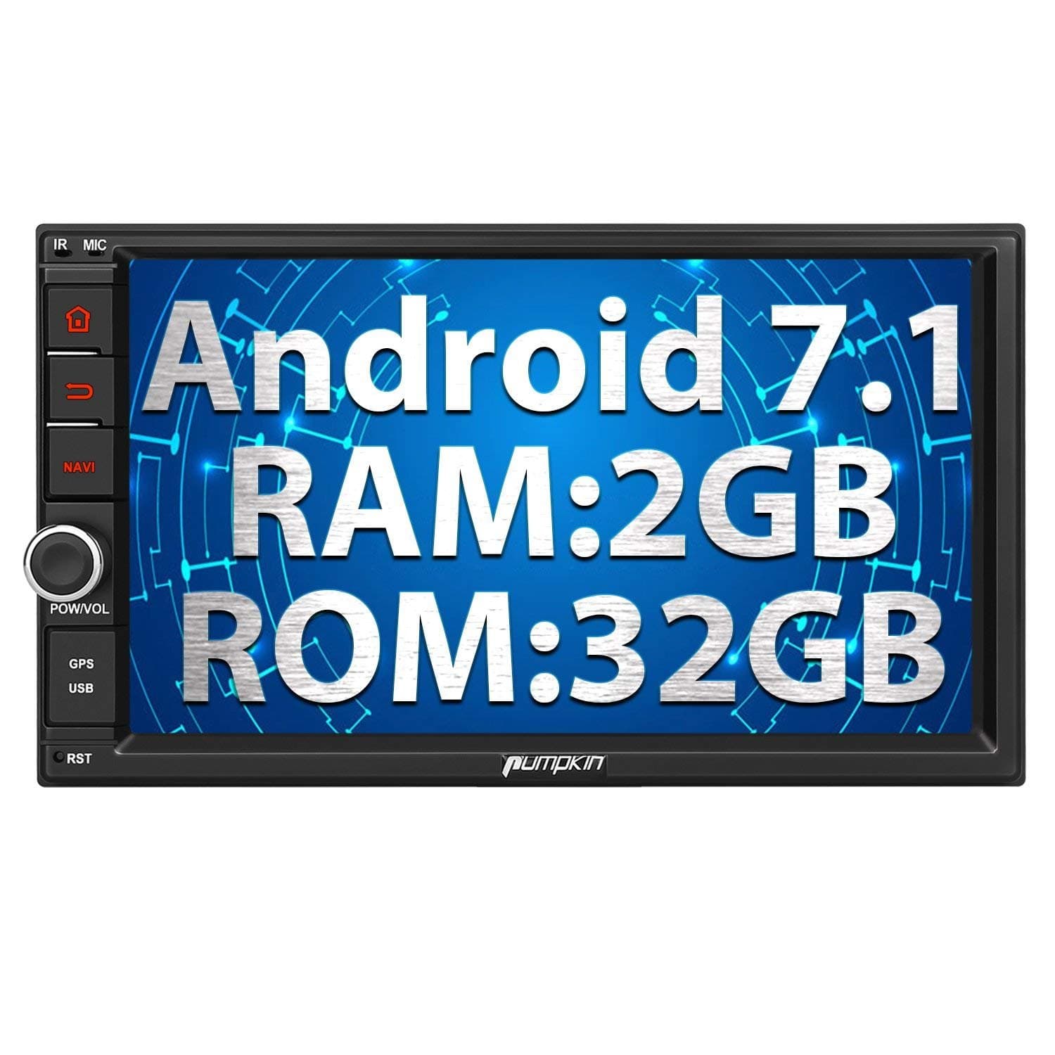 Pumpkin Android Double Din Car Stereo Sat Nav Bluetooth Support Fastboot AUX WIFI DAB+ USB Subwoofer OBD2 7” Touch Screen