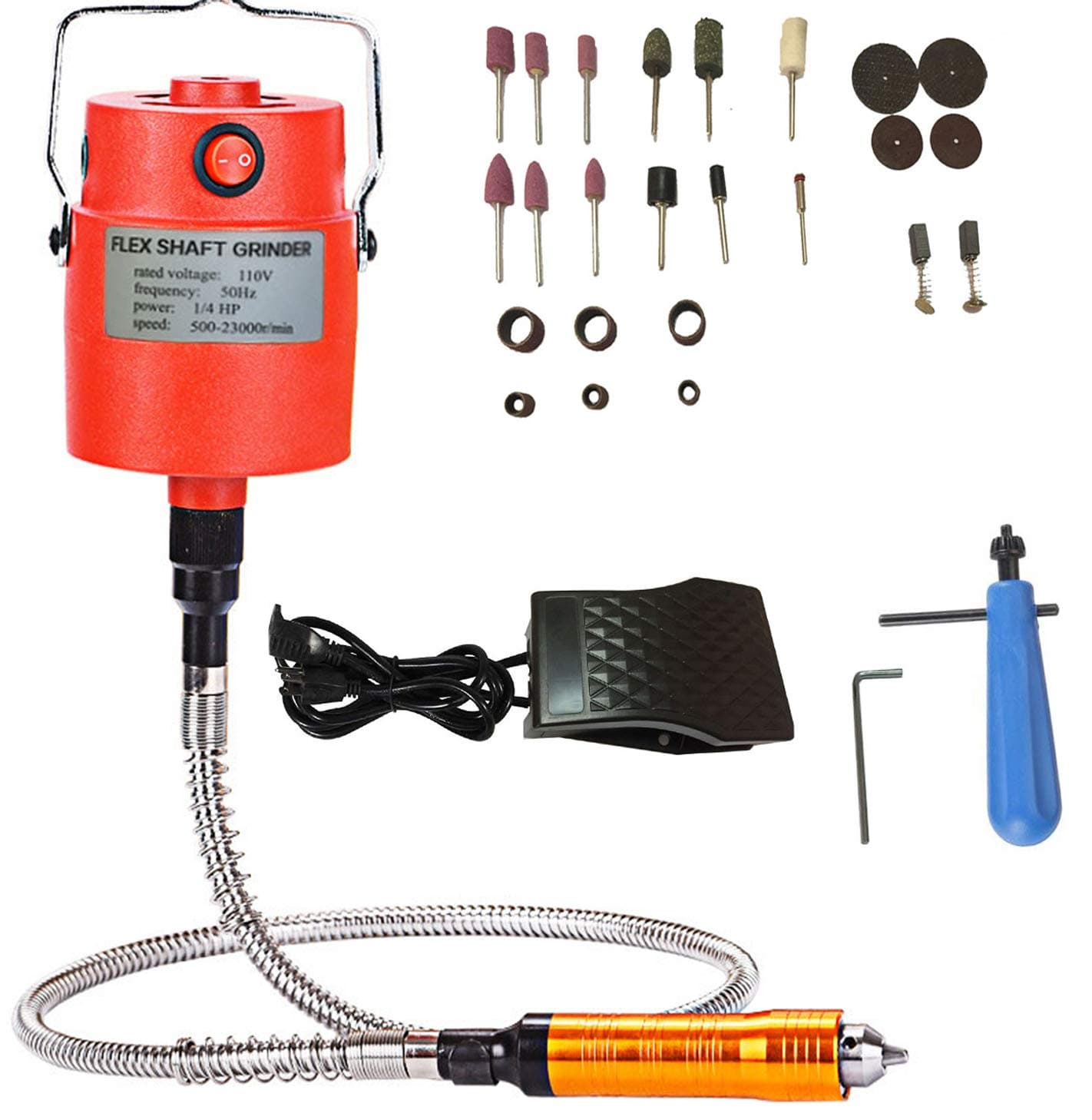 VOTOER 1/4"HP Rotary Tool Flexible Flex Shaft Hanging Grinder Carver Electric Carving Tools Kit, Seperate Motor Switch Knob Control, Foot Pedal Control, 560W Power, Metal Flexible Shaft,23000 RPM