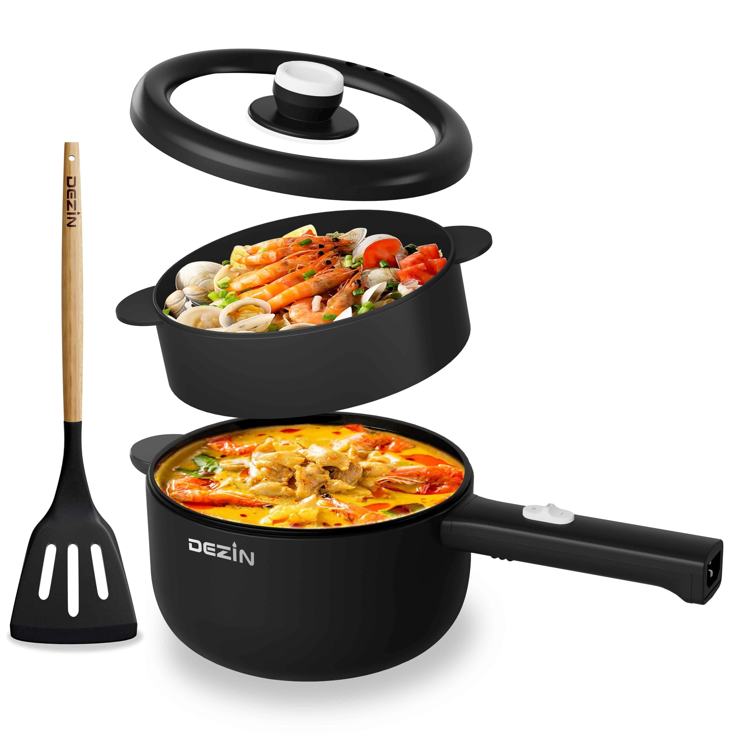 Dezin Hot Pot Electric, 2L Non-Stick Sauté Pan, Rapid Noodles Cooker, Mini Portable Pot for Steak, Egg, Fried Rice, Ramen, Oatmeal, Soup with Power Adjustment & Spatula, College Dorm Room Essential