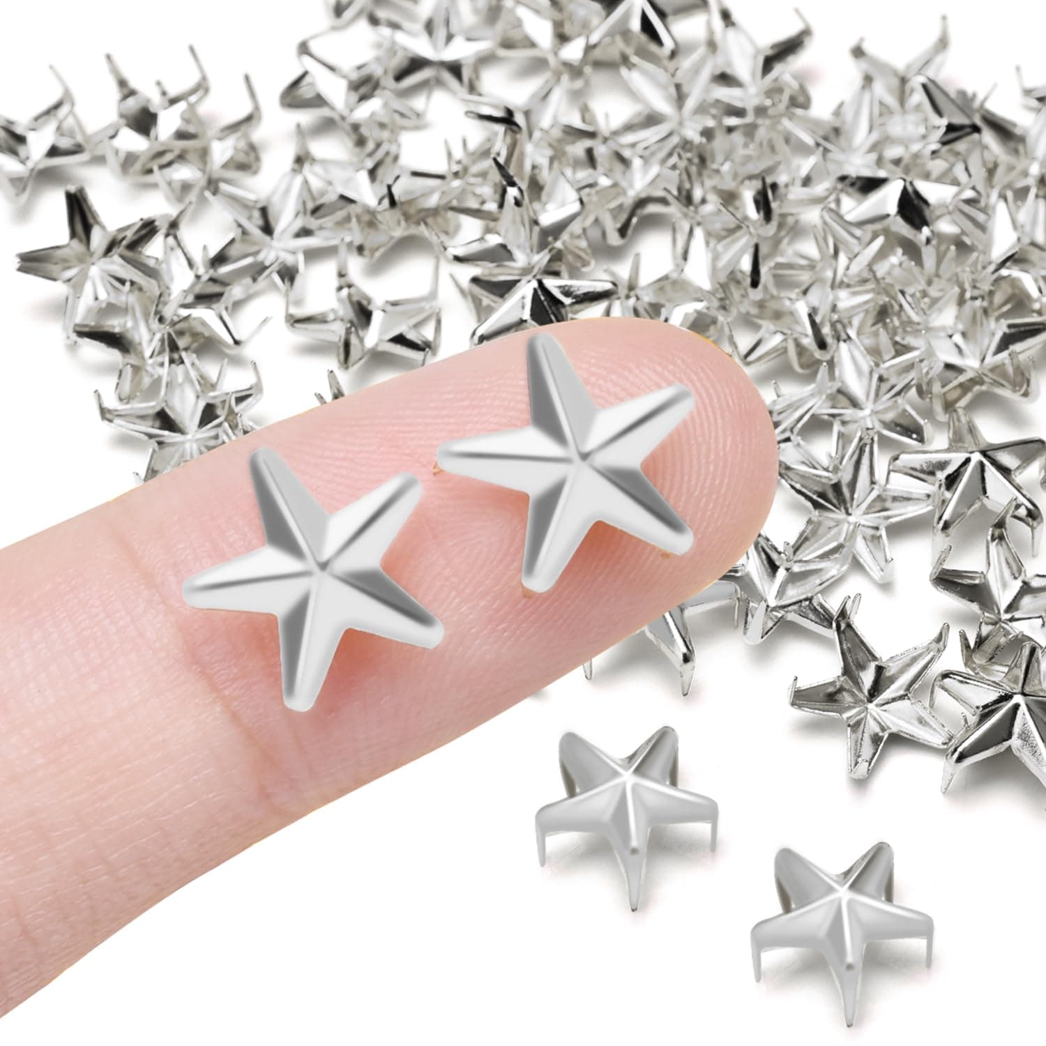 CooBigo 150Pack 10mm Studs for Clothing, Small Star Nailheads Rivets Metal Rivets Spike Stud Leather Claw Rivets for Clothing Belt Bag Shoes Cap Wrist Bracelet Pet Collars DIY Leathercraft (Sliver)