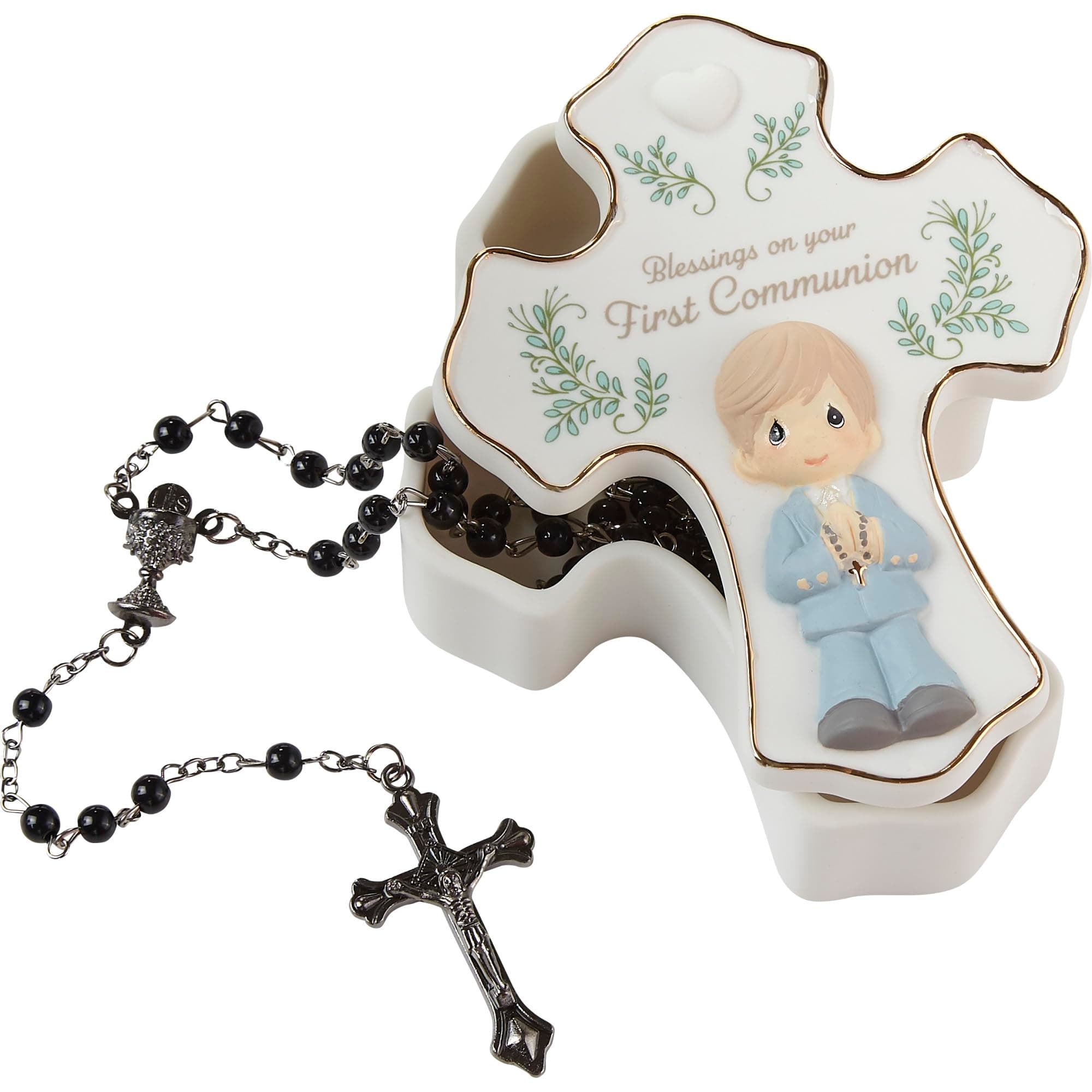 Communion Boy Figurine & Rosary Box Set, Bisque Porcelain Keepsake, Ideal First Communion Gift