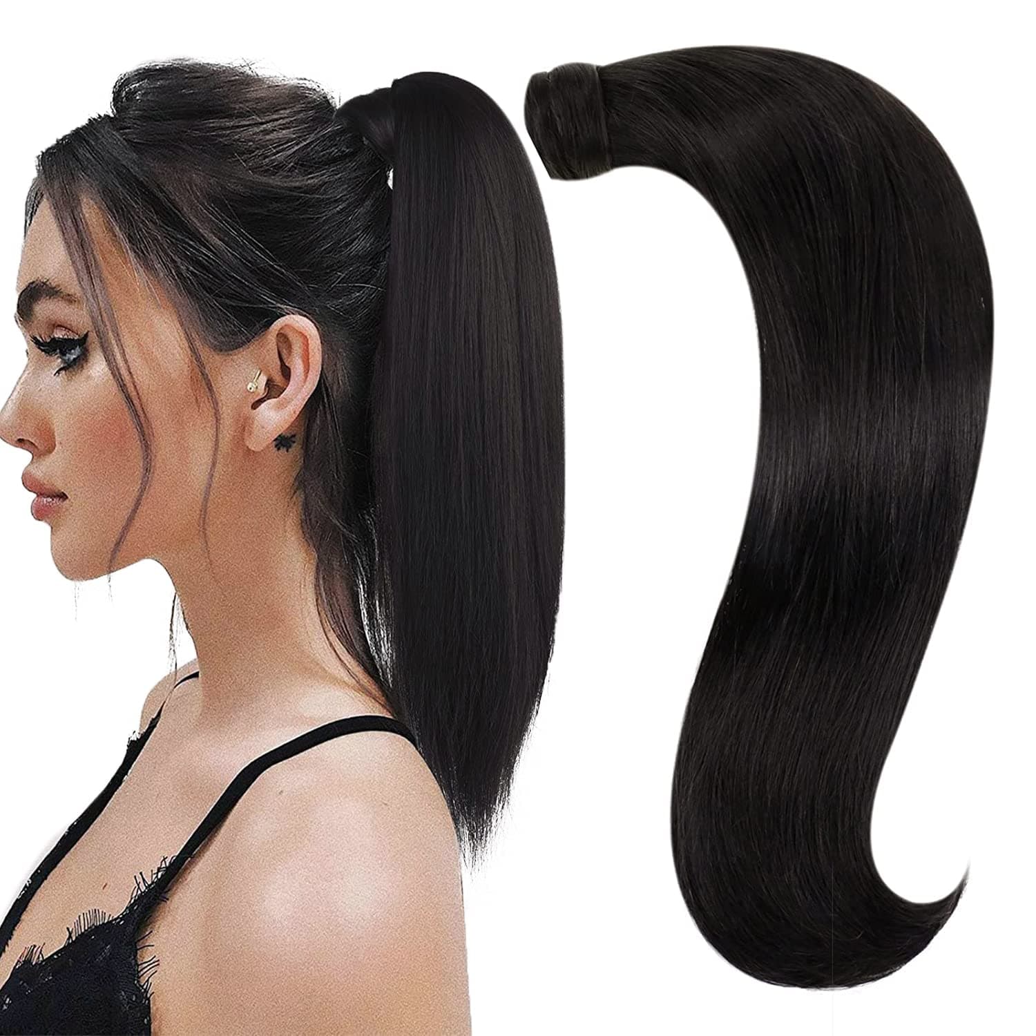 RUNATURE Black Real Hair Ponytail Extension 16 Inch 80g Straight Clip in Ponytail Extension Human Hair with Magic Paste Thick #1B Off Black Full Ends Straight Human Hair Extensions Ponytail Silky