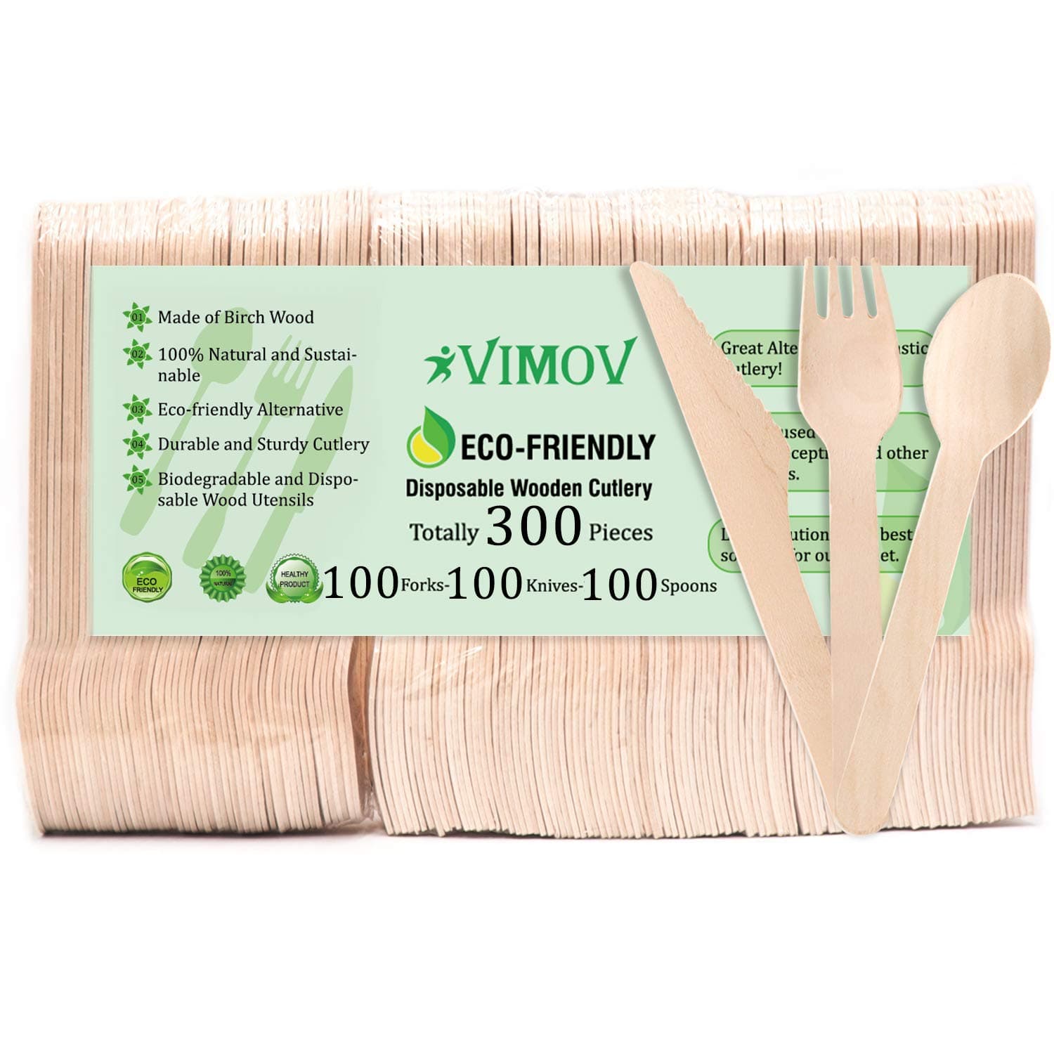 VIMOV Disposable Wooden Cutlery Set, 300 Pieces Eco-Friendly Biodegradable Utensils for Party, Camping, Picnics, BBQ, Event (100 Forks, 100 Knives, 100 Spoons)