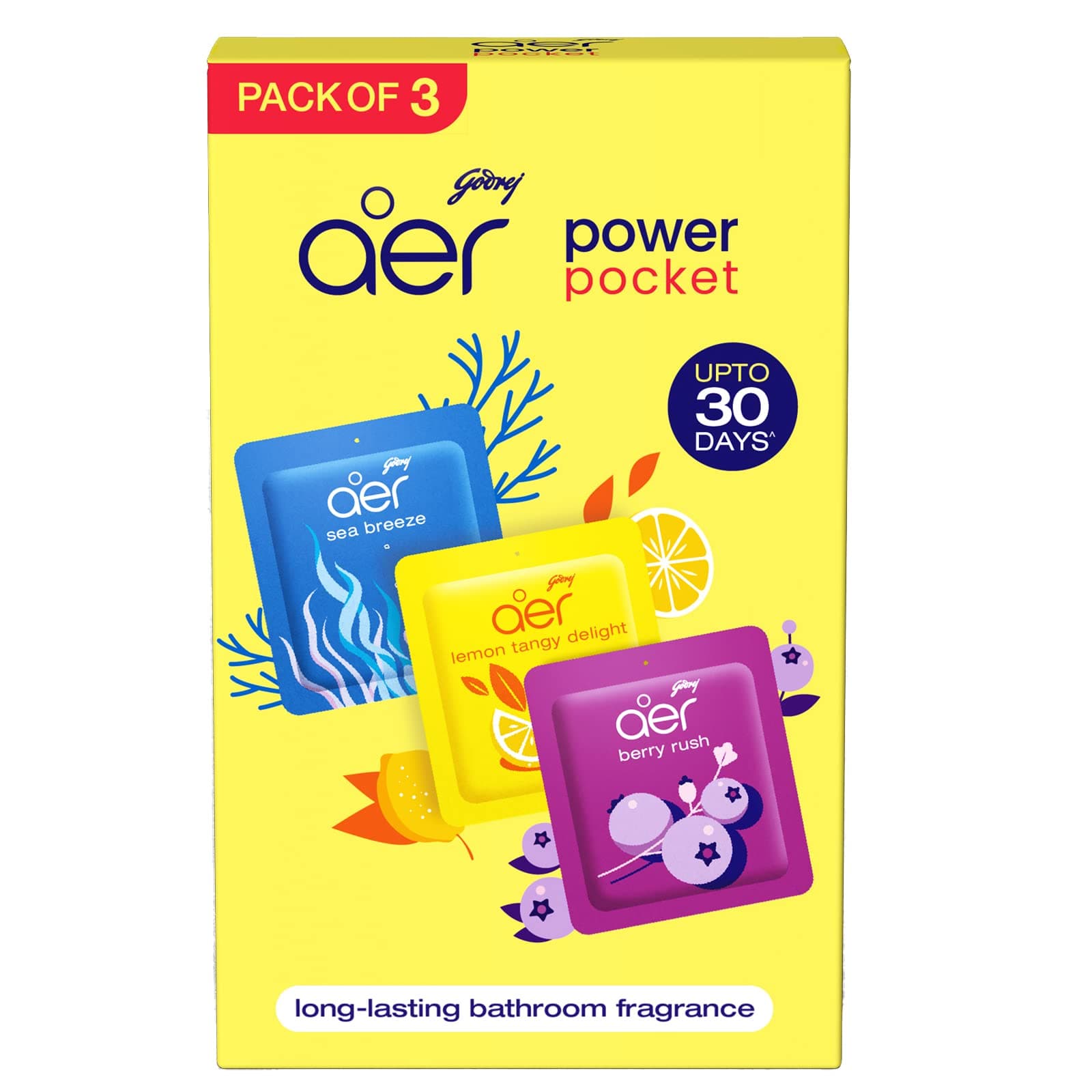 Godrej Aer Power Pocket | Air Freshener- Bathroom And Toilet | Lasts Up To 30 Days | Assorted Pack Of 3 (30G)