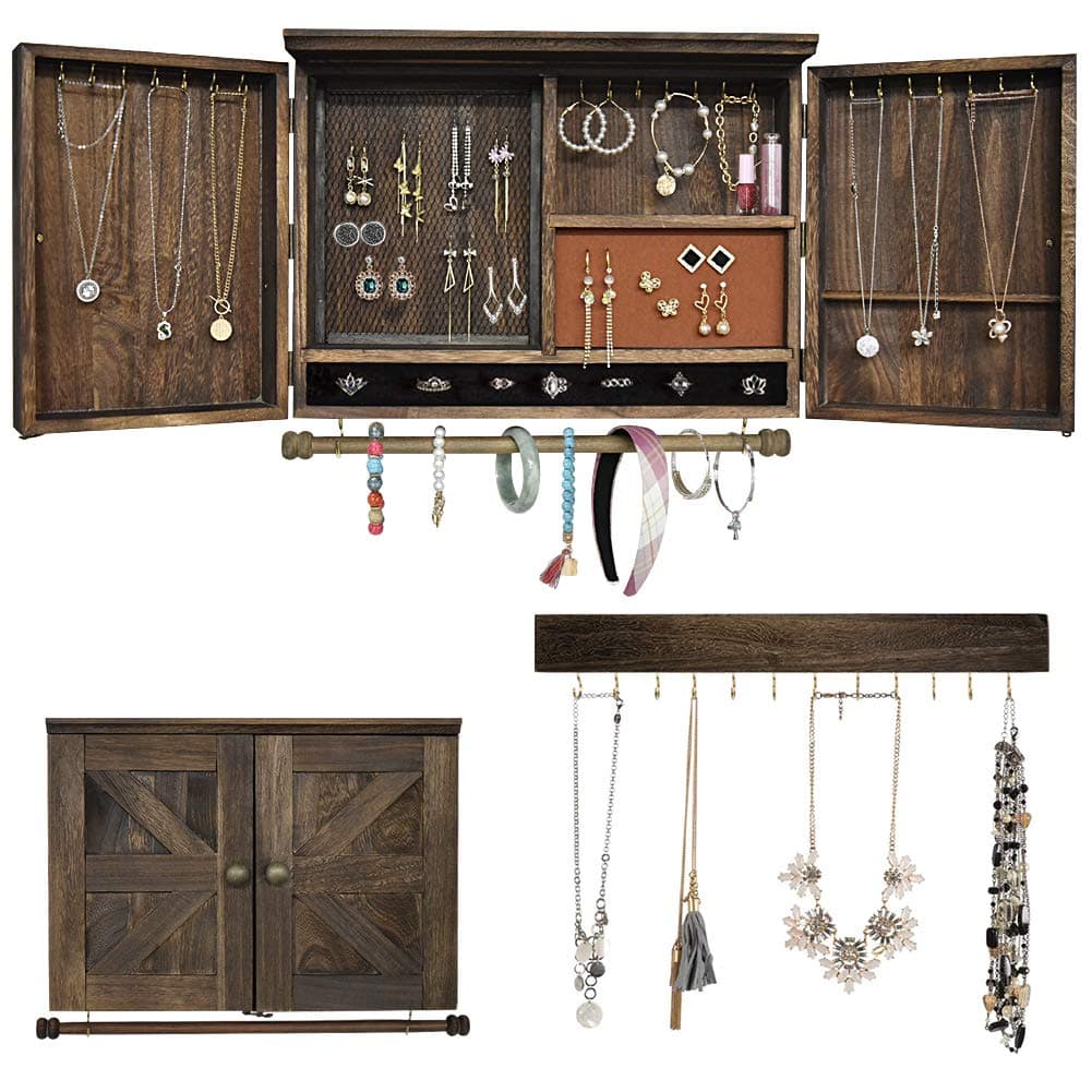 GLANT Rustic Wall Mounted Jewelry Organizer with Wooden Barndoor Decor,Wooden Wall Mount Holder,Jewelry holder for Necklaces, Earings, Bracelets, Ring Holder. Includes matching hook organizer