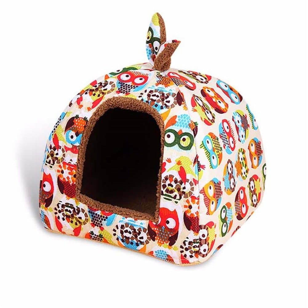 Fly In It Washable Luxury Canvas Pet Igloo Dog Cat Bed House Kennel Doggy Cushion Basket (L, Owl)