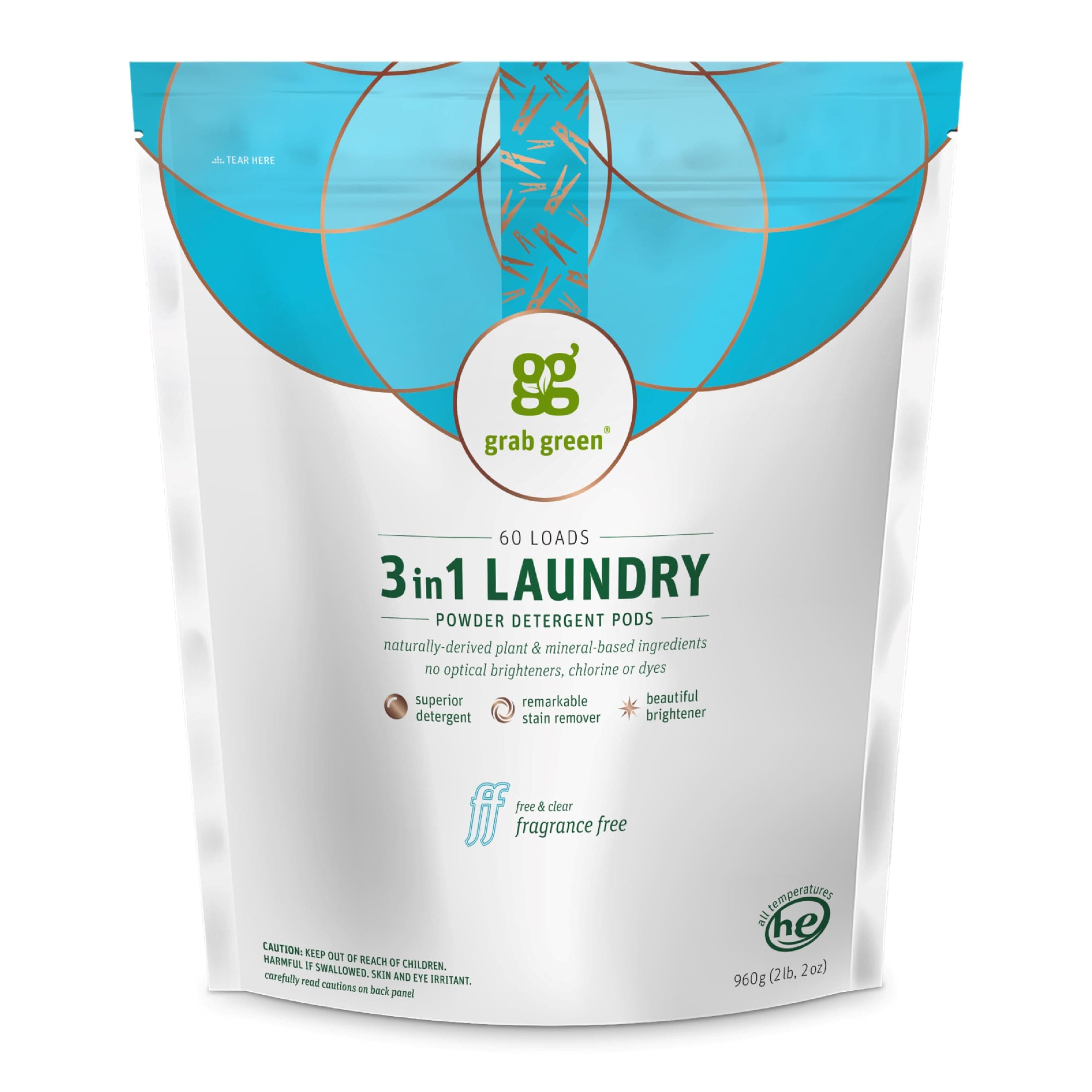 Natural 3 in 1 Laundry Detergent Pods, Free & Clear/Unscented, 60 Loads, Fragrance Free, Organic Enzyme-Powered, Plant & Mineral-Based, 34 Ounce