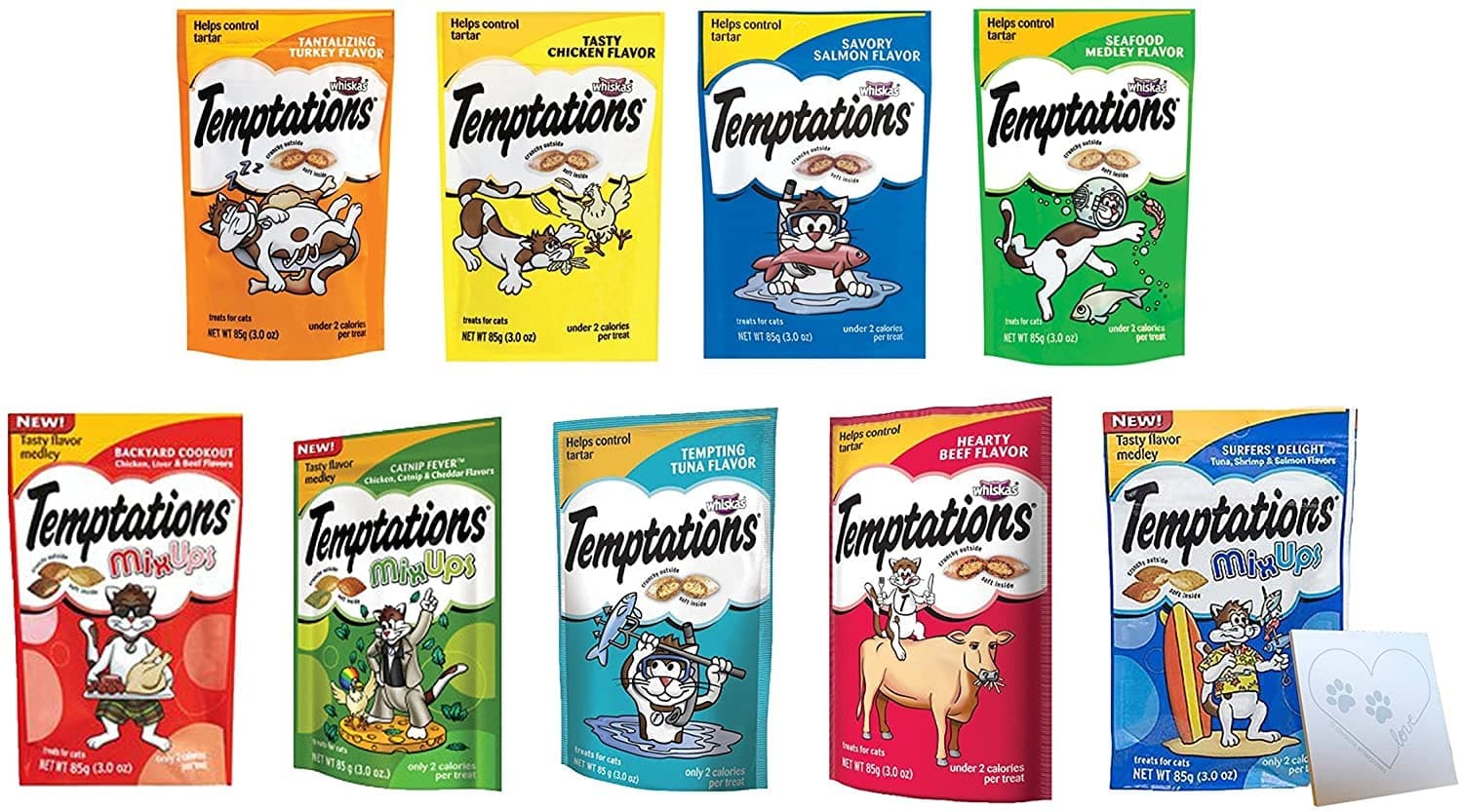 Cat Treats Temptations Huge Variety Pack, All 9 Flavors: Chicken, Medley, Turkey, Tuna, Catnip Fever, Beef, Surfer, Cookout 1 Pet Paws Notepad (9 Bags Total, 3 Ounces Each), 10 Piece Set
