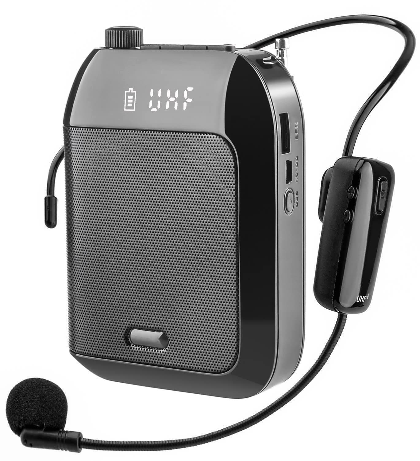 UHF Wireless Voice Amplifier, 15W Rechargeable PA System (2400mAh) Bluetooth Speaker With Wireless Headset Microphone for Teachers, Tour Guide and more (Black)