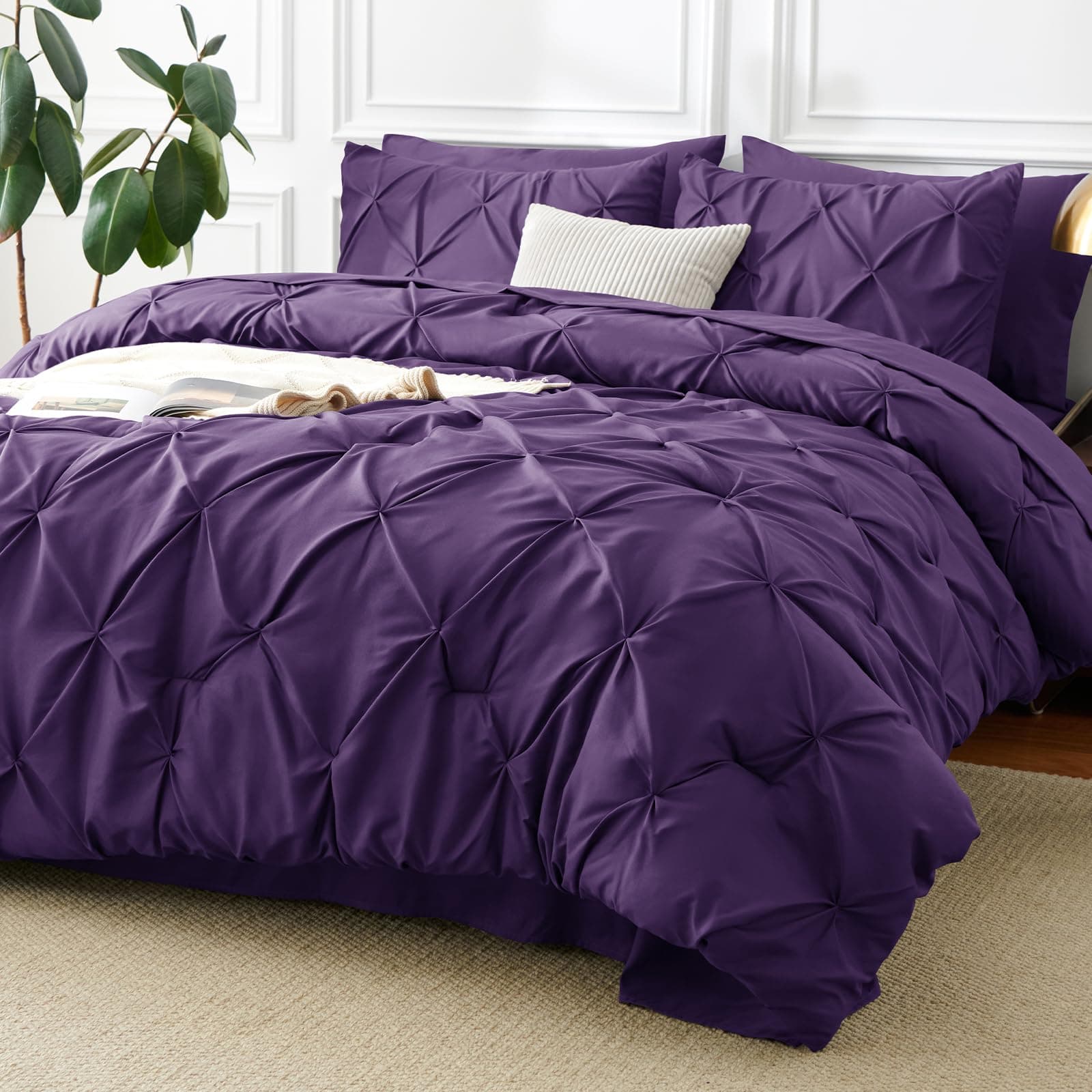CozyLux King Size Comforter Set Purple, 7 Pieces Pintuck Bed in A Bag Purple Comforter King Size, Pinch Pleat Bedding Set with All Season Comforter, Sheets, Pillowcases & Shams