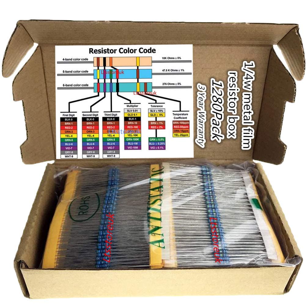 Film Resistor Kit, 1/4W Metal Film Resistors Assorted Box Assortment Kit Set of 1280, Range 1 Ohm - 10M Ohm, 5% Tolerance, 64Value 1/4 Watt Resistor, by Ltsstoreuk