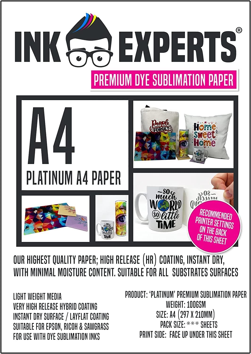 100gsm Platinum A4 Premium High Release Dye Sublimation Paper (100 Sheets)