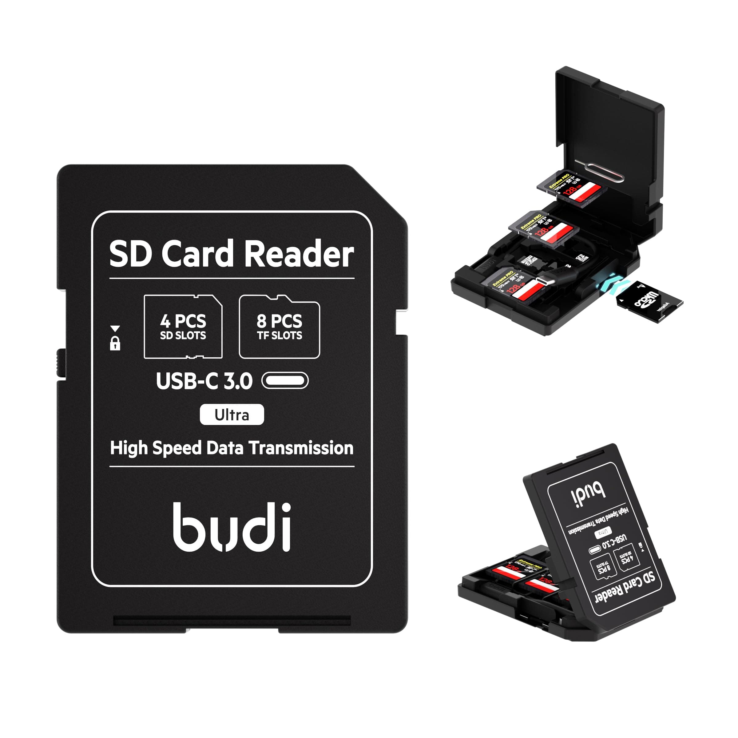 BUDI Micro SD Memory Card Reader with 8 Slots TF-Styled Memory Card Storage Case Supports USB Type-C and USB Compatible with iPhone 16/15/14/13/12/11/Pro Max (SD Card Reader)