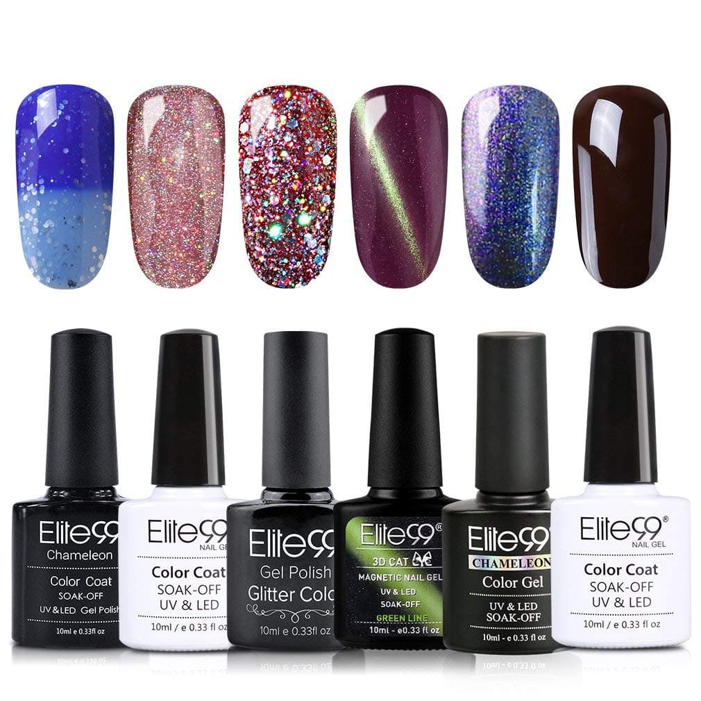 Elite99 Gel Nail Polish Set 6PCS Soak Off Gel Lacquer 3D Cat Eye Gel with Magnet Stick, Color Changing Gel,Glitter Gel, Chameleon Chameleon Gel,Rainbow Gel,Brown Gel