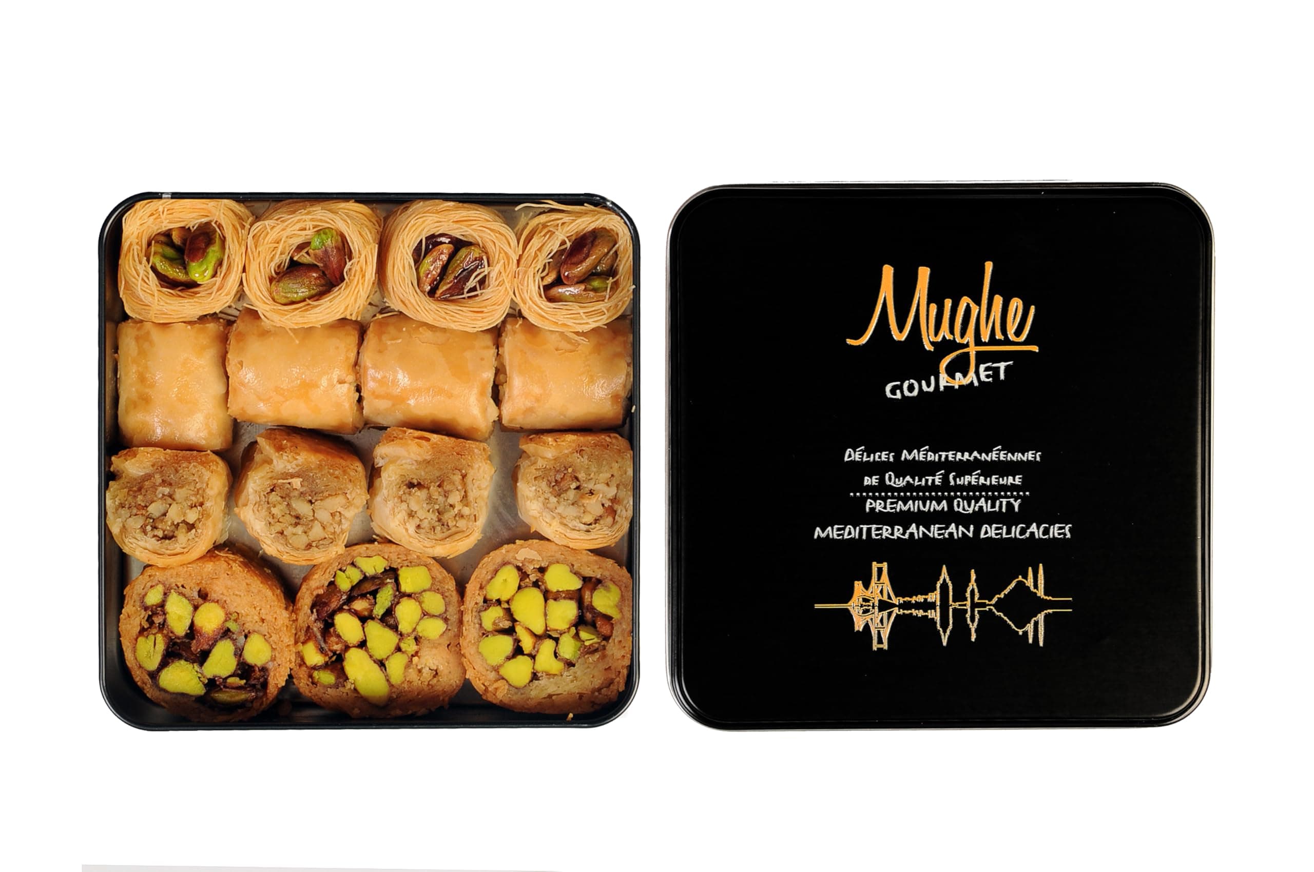 Premium Turkish Baklava Gift Box - Mughe Gourmet Authentic Halal Baklava Pastry Assortment with Pistachios, Walnuts, Cashews - Elegant Metal Tin 9oz/250g - Perfect for Christmas, Birthday, Eid