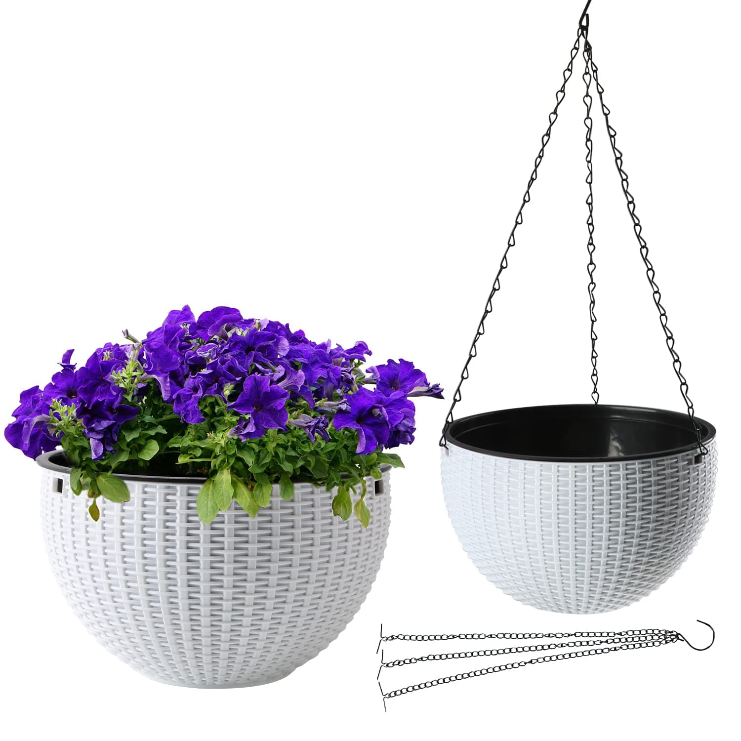 Brajttt Hanging Flower Pot Basket Set of 2 pcs, Round Garden Hanging Plastic White Pots with Drainage Holes, Suitable for All Indoor and Outdoor Plants