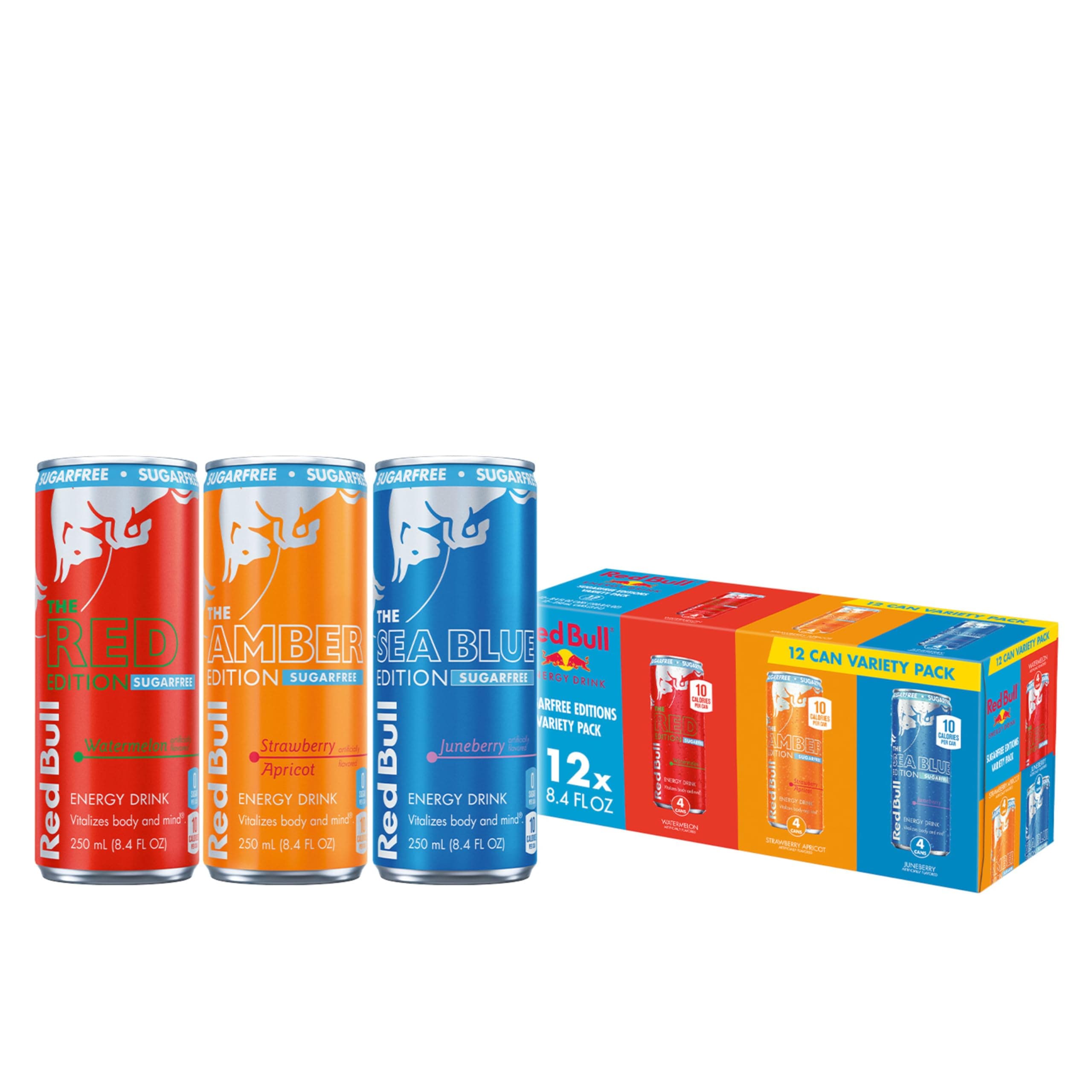 Sugar-Free Energy Drink Variety Pack, Energy Drink, Red, Amber, & Sea Blue with 80mg Caffeine plus Taurine & B Vitamins, 8.4 Fl Oz, Pack of 12 Cans