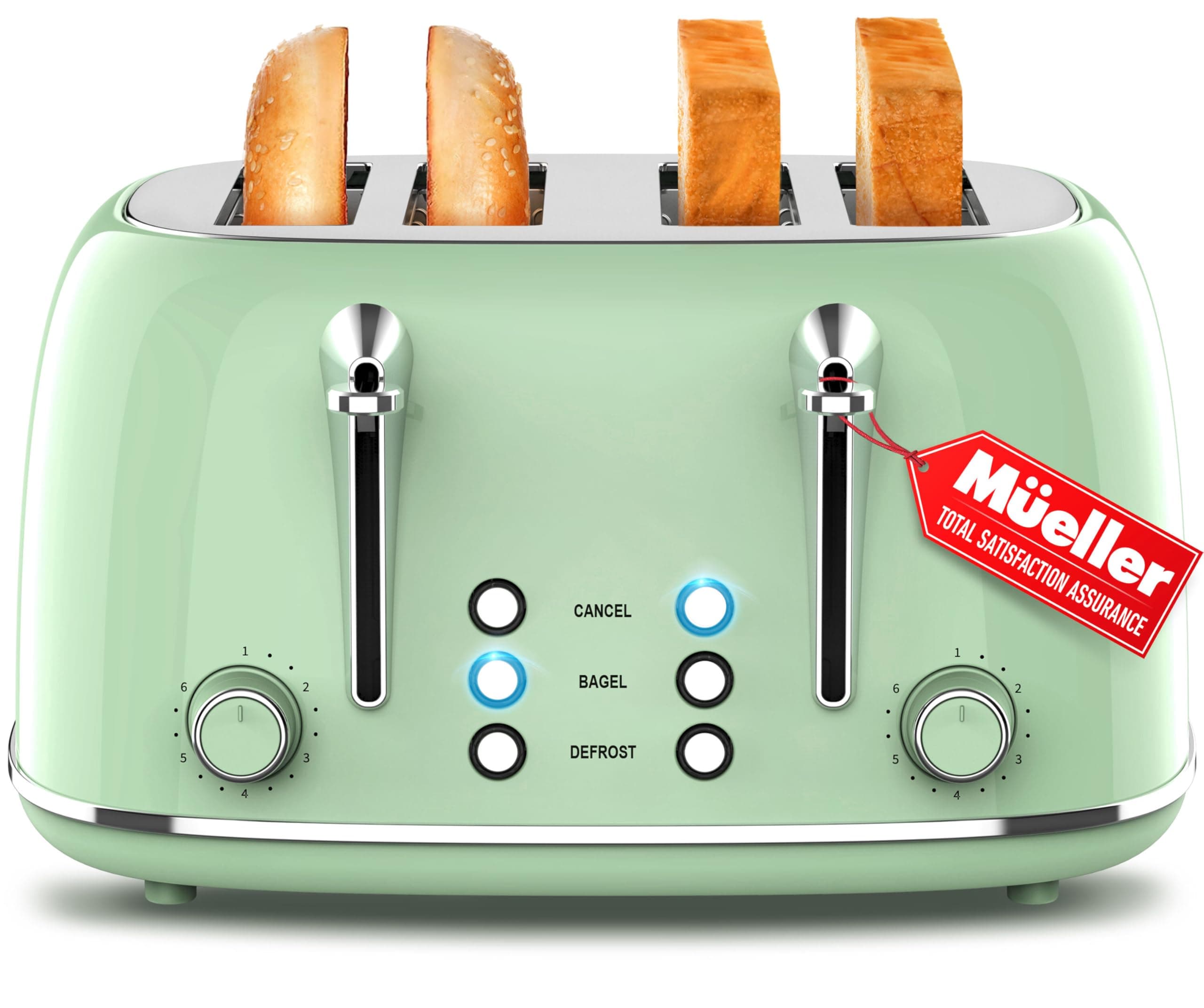 Mueller Retro Toaster 4 Slice with Extra Wide Slots Bagel, Defrost, and Cancel Function, 6 Browning Levels, Dual Independent Controls, Removable Crumb Tray and High Lift Levers, Sage Green