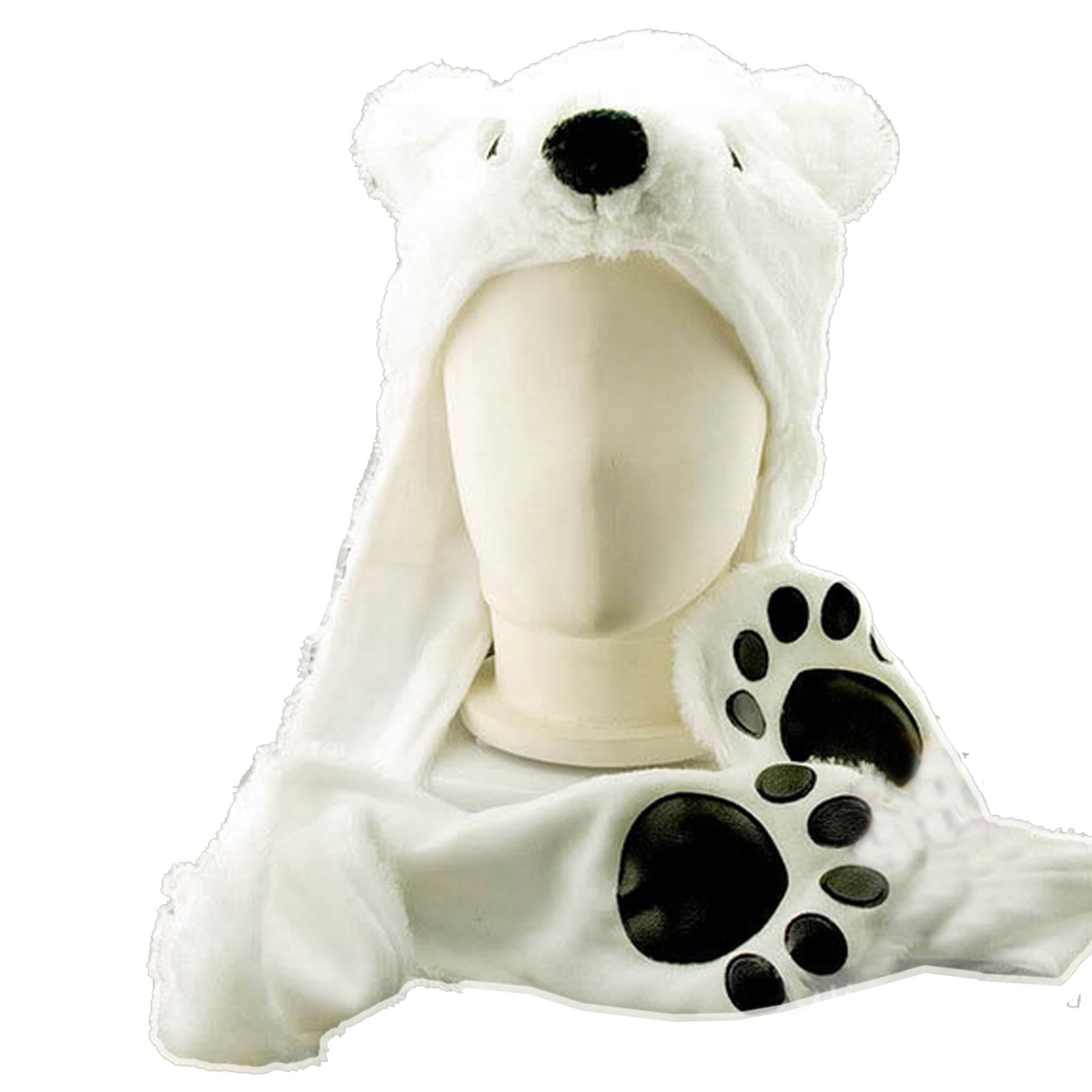 Costume Polar Bear Plush Hat with Mittens Paw Prints by