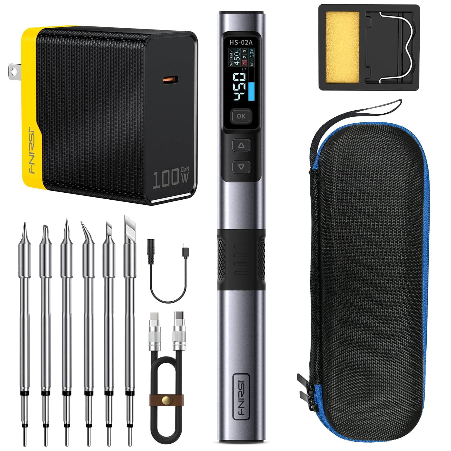 FNIRSI HS-02A 100W Portable Corded Soldering Iron Kit, 212-842℉, Pre-set 3 Groups Temperature, 6 F245 Soldering Tips, Smart Digital Soldering Iron Pen Tool for Electronics Precision Repair