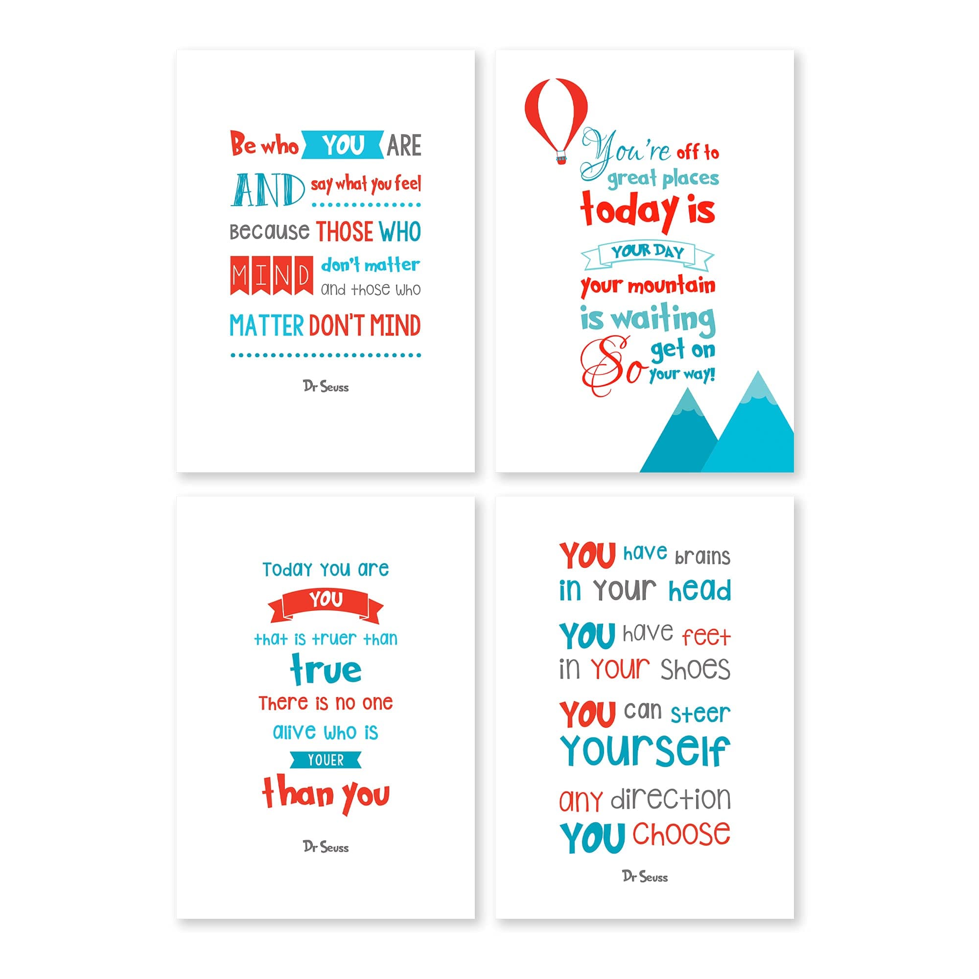 Dr Seuss Quote Prints Set of 4, Unframed Pictures, Inspirational Quote Posters, Kid's Room Wall Art