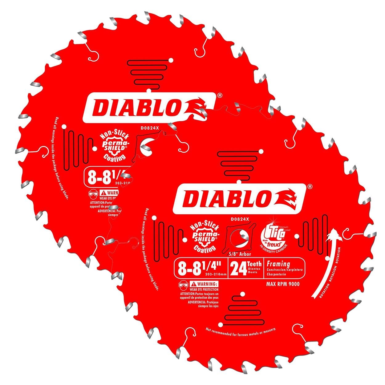 D0824X Diablo 8-1/4-inch 24 Tooth ATB Thin Kerf Framing Saw Blades, 2-Pack