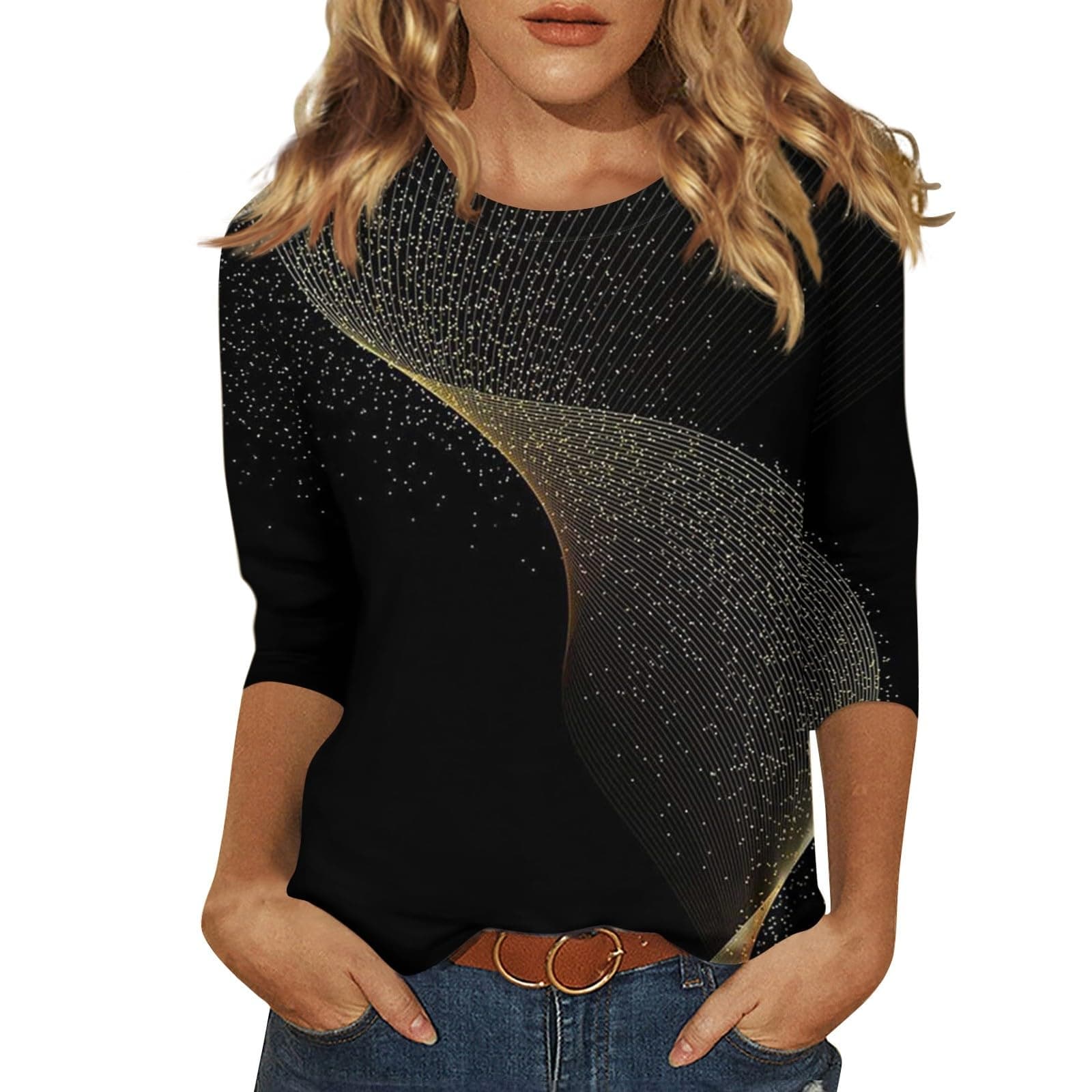 QI_LIANG3/4 Sleeve Tops for Women Summer 2024 Trendy Crewneck Tops Printed Blouses & Button-Down Shirts Casual Going Out Tops for Women 3/4 Sleeve Plus Size Shirts