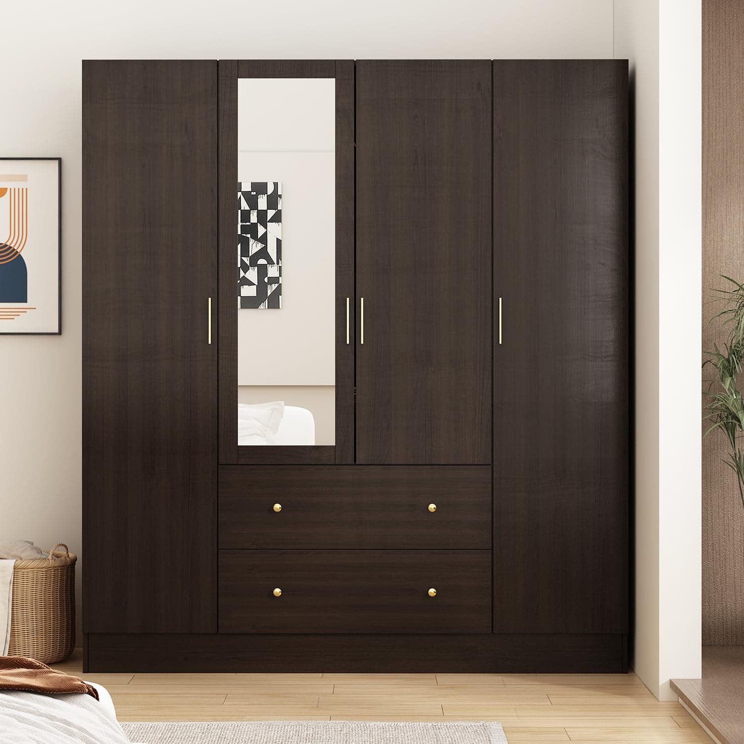 ECACAD Dark Brown Wardrobe Armoire with Mirror, 5-Tier Shelves, 2 Drawers, 2 Hanging Rods and 4 Doors, Wooden Closet Storage Cabinet for Bedroom (63”W x 19.7”D x 70.9”H)