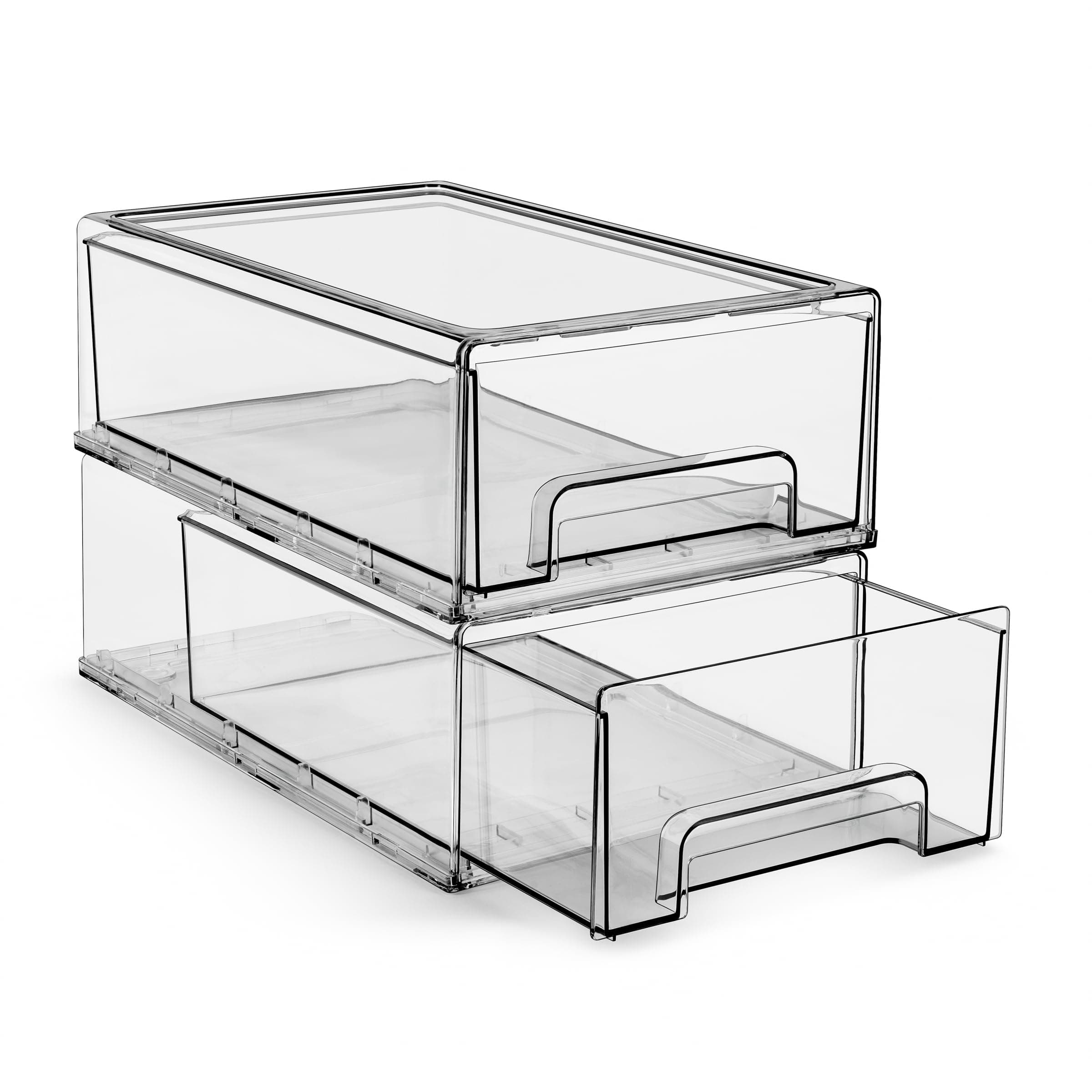 Medium Clear Storage Drawers (2 Pack) – Stackable Organizer Drawers for Fridge, Pantry, Kitchen – Pull-Out Storage Bins with Handles, Slide Out Acrylic Drawers