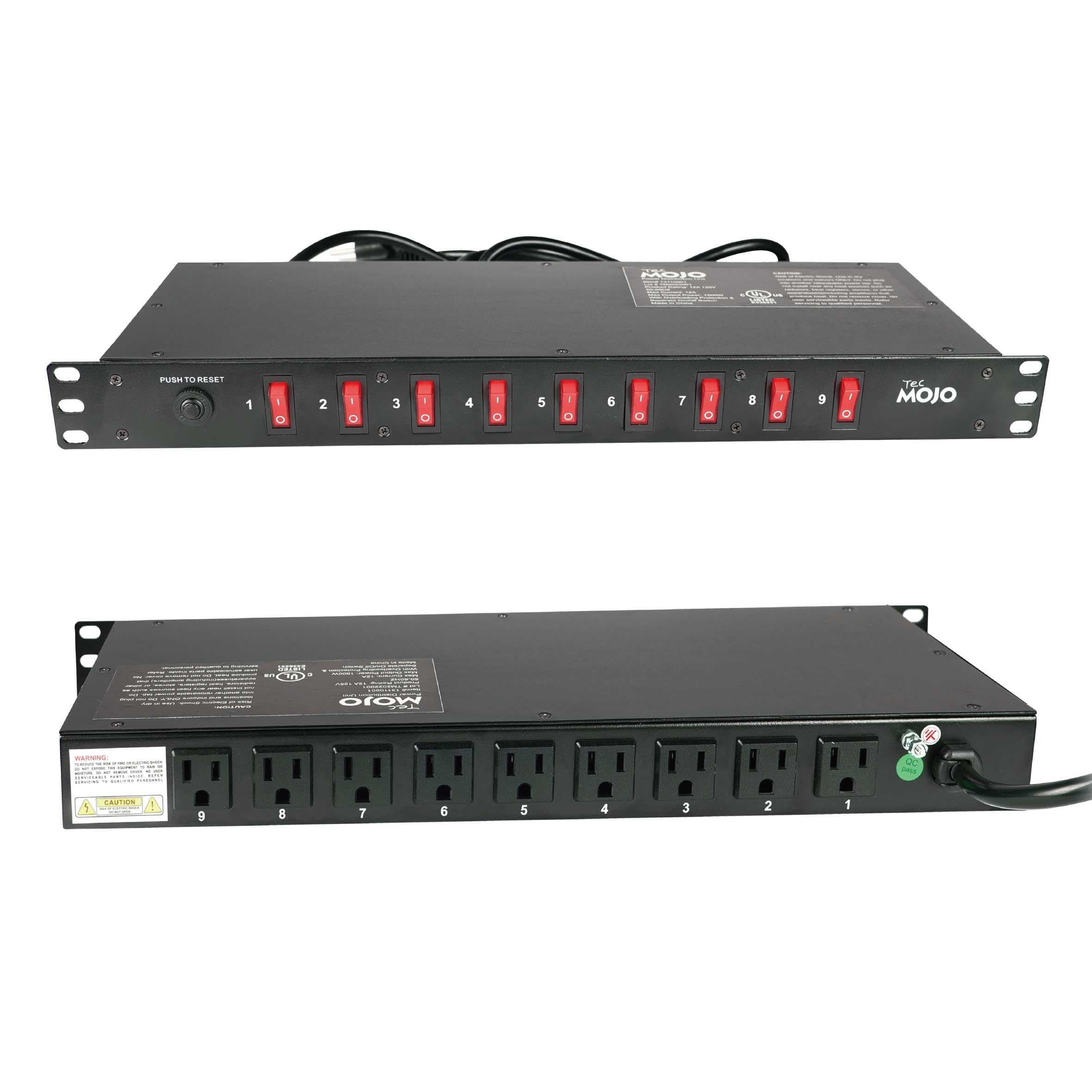 Tecmojo 9-Outlet Rack Mount Overloading Protection Circuit Breaker PDU Power Strip with Individual Switch 6ft Cord for IT and Network Racks and Cabinets