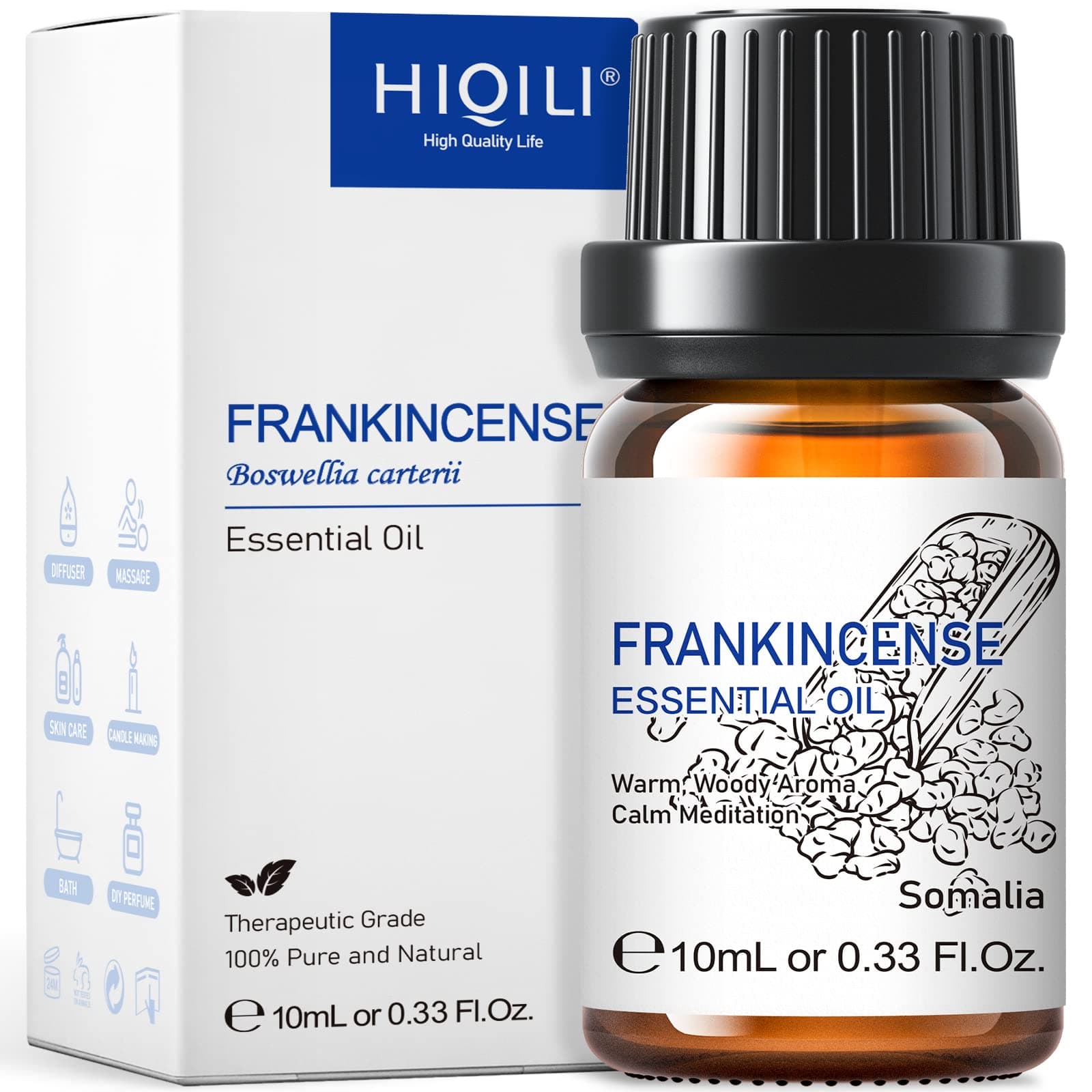 HIQILI 0.33 Fl Oz Frankincense Essential Oil, Relaxing, Skin Care, Camp Atmosphere Creation, Can be Added to Body Lotions, Creams, Aromatherapy Use - 10ml