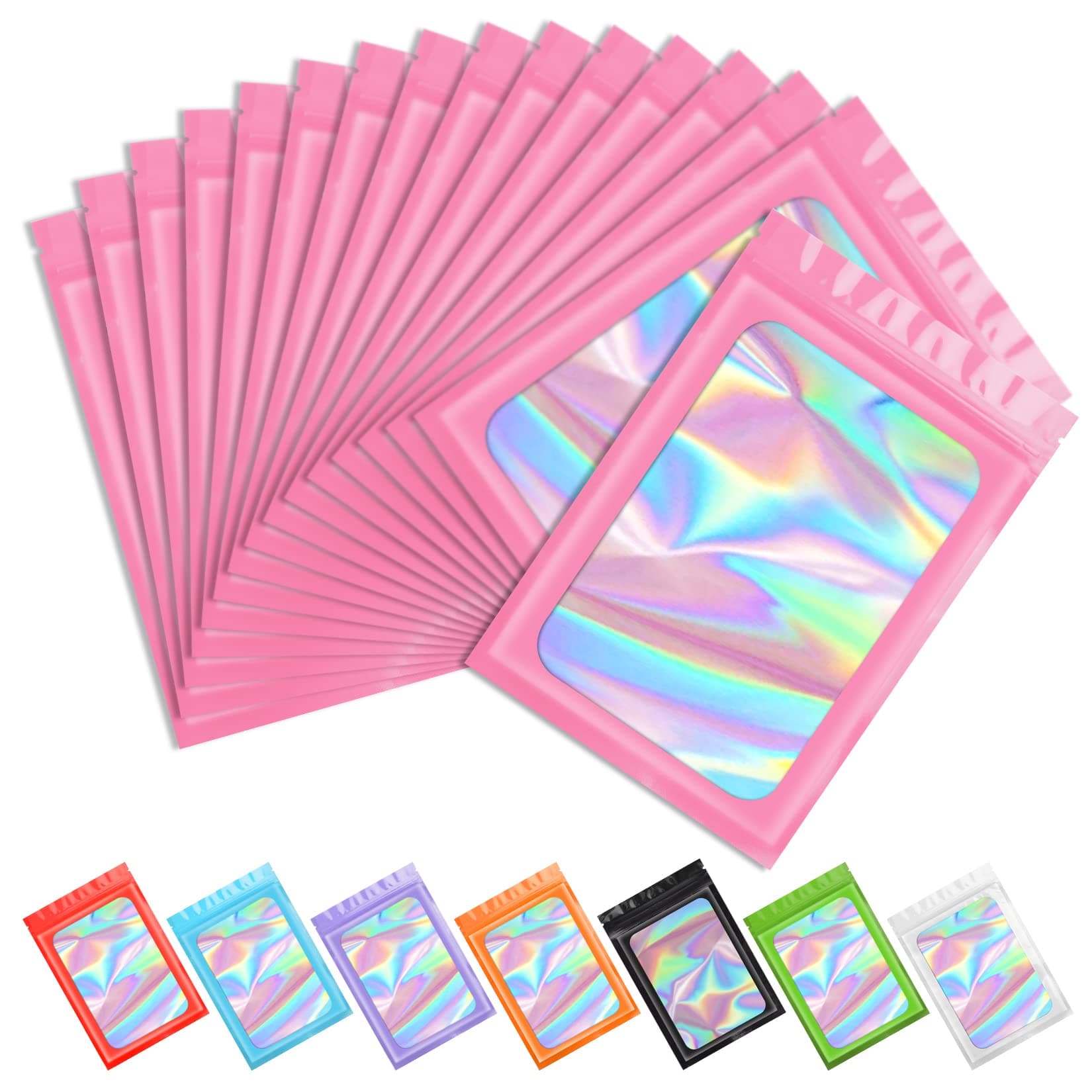 Funfery 100 pcs Pink Smell Proof Mylar Holographic Bags Packaging Bags,2.4x3.9Inch Clear Resealable Odor Proof Bag Foil Pouch Bag for Food Storage,Lipgloss,Jewelry,Eyelash Packaging Small Business