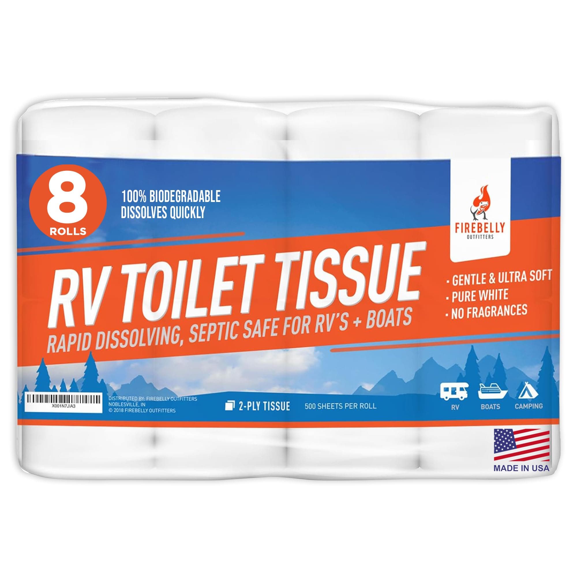 Firebelly Outfitters RV Toilet Paper, Septic Tank Safe - 8 Rolls, 2-Ply 500 Sheets - Fast Dissolve Bath Tissue for Camping, Marine, RV Holding Tanks, Reduces Camper Sewer System Clogs, Biodegradable