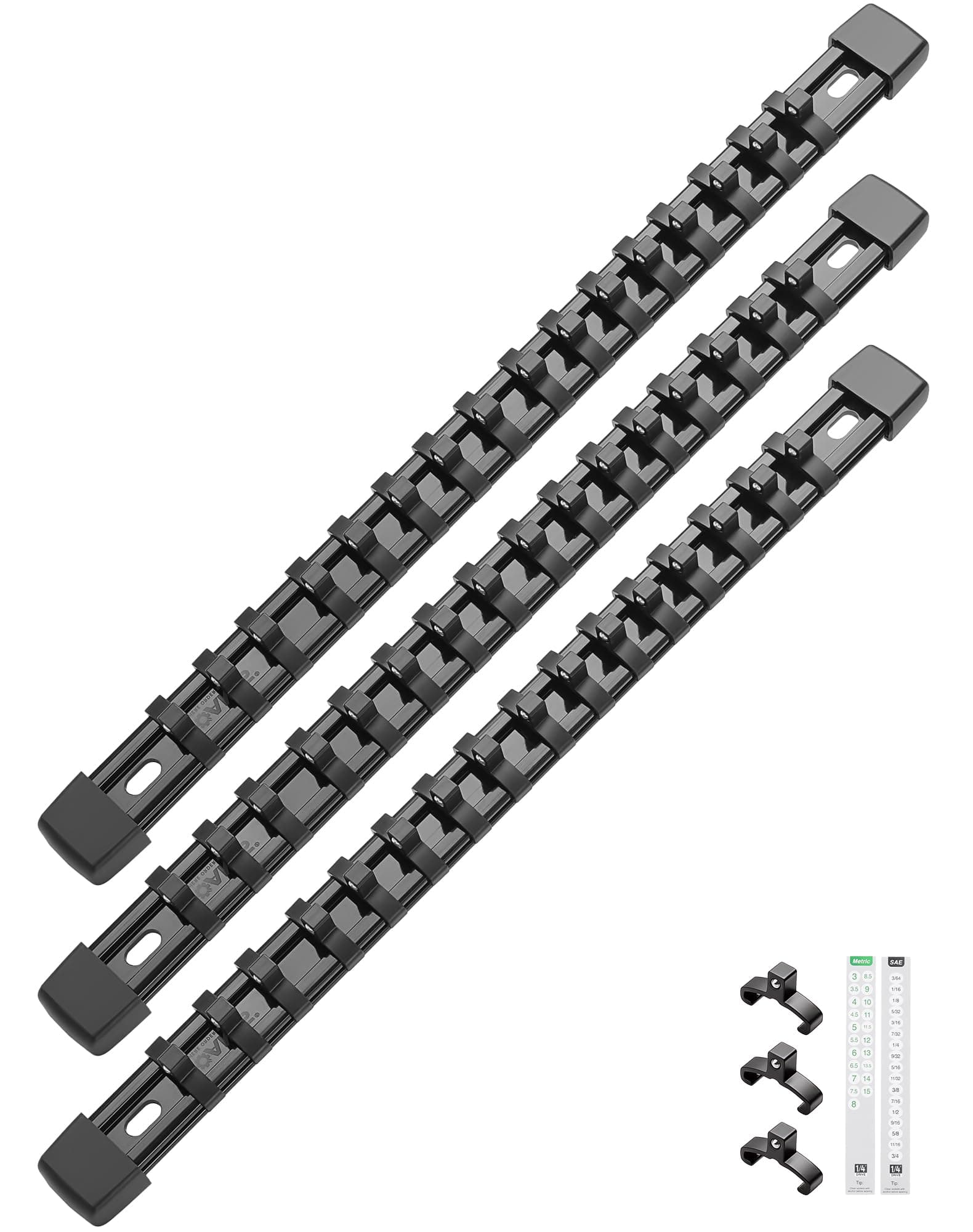 ALOANES 3PC ABS Socket Organizer, Socket Rails Fit 1/4 inch Drive, Heavy Duty Socket Holders Hold up to 48 Sockets, Black Rails with Black Clips