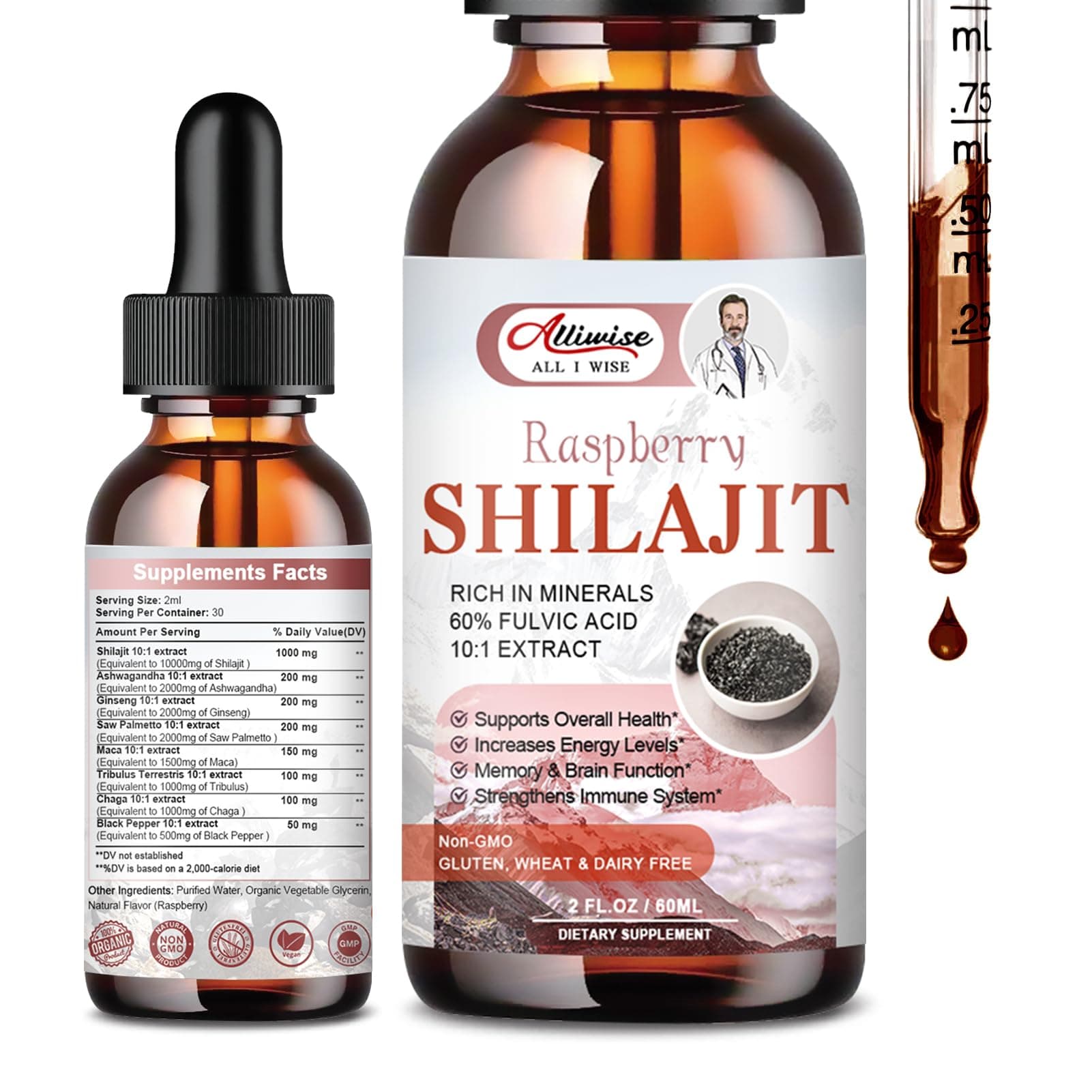Organic Pure Himalayan Shilajit Resin Liquid Drops for Men & Women.Golden Shilajit Supplement with Fulvic Acid & 85+ Trace Minerals Complex for Energy & Immune Support-Raspberry
