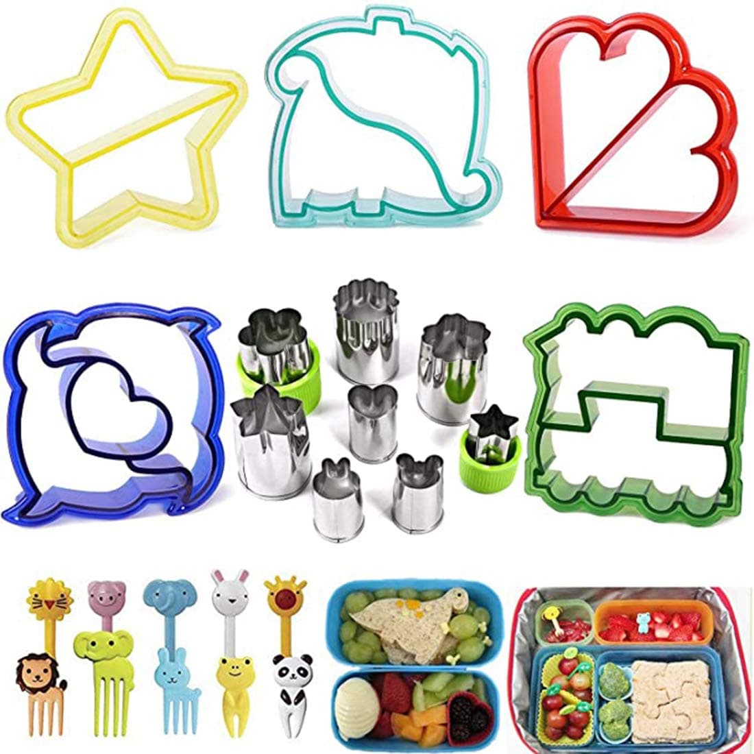 DELFINO Sandwich Cutters Set, DELFINO 23Pcs for Children Vegetables Fruits Cutter 5Pcs Sandwich Cutters Dinosaur Dolphin Train Stars Heart Shapes, 8Pcs Stainless Steel Cutters and 10Pcs Food Kid Fork