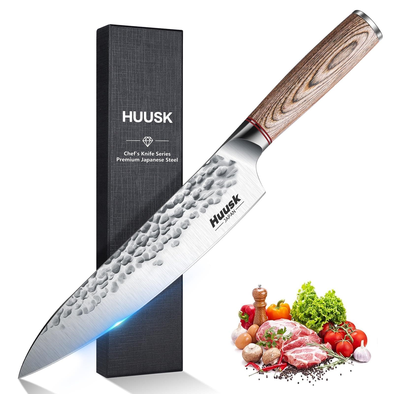 Huusk Chef Knife 8-inch, Professional Hand Forged High Carbon Steel Japanese Gyutou Chef Knives, Kitchen Cooking Knife for Meat Vegetables Cutting, Gift for Men Women