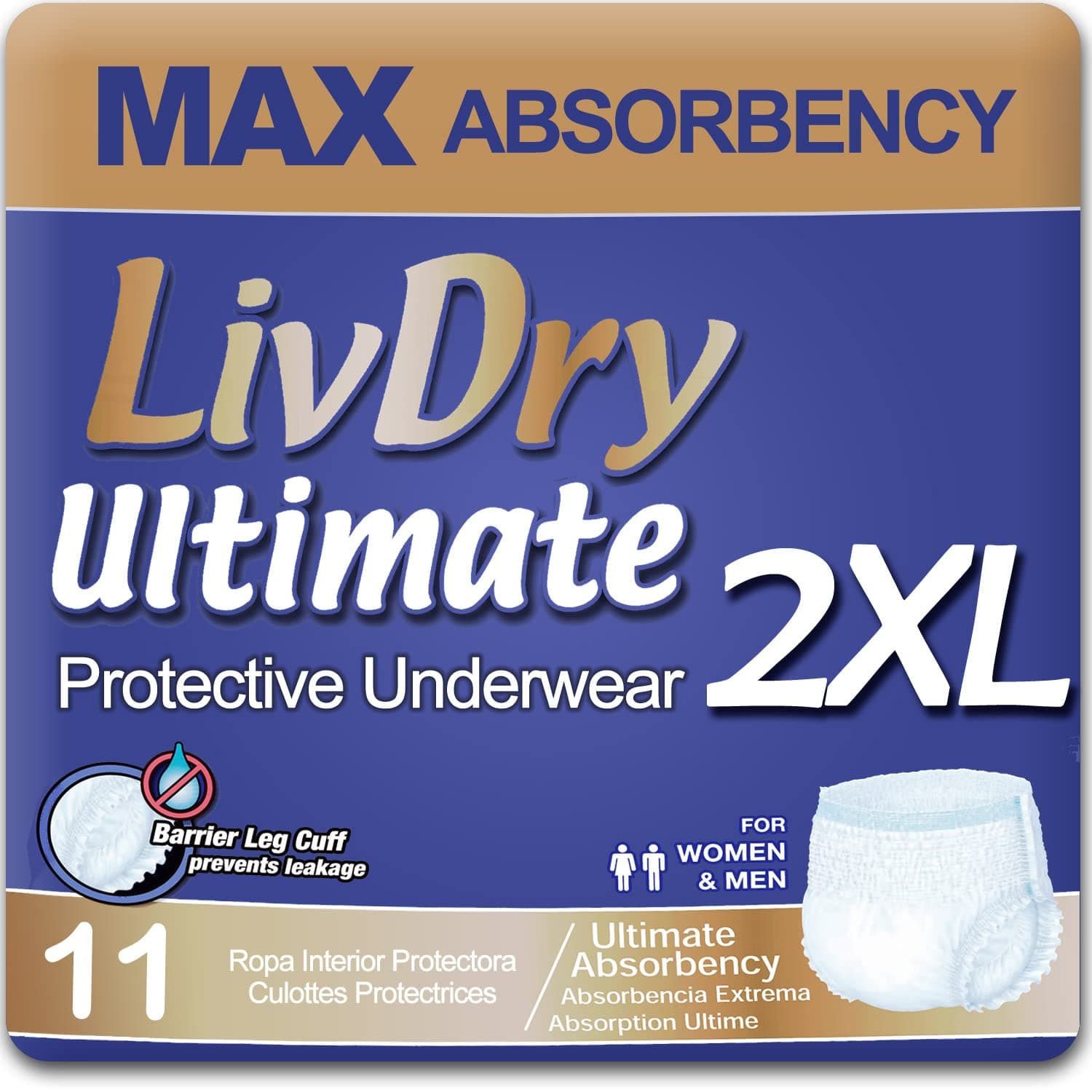 LivDry Ultimate 2XL Adult Incontinence Underwear, Max Absorbant Diapers for Women and Men, XXL 60” -80" Waist, Leak Proof Cuff, XX-Large, 11-Pack