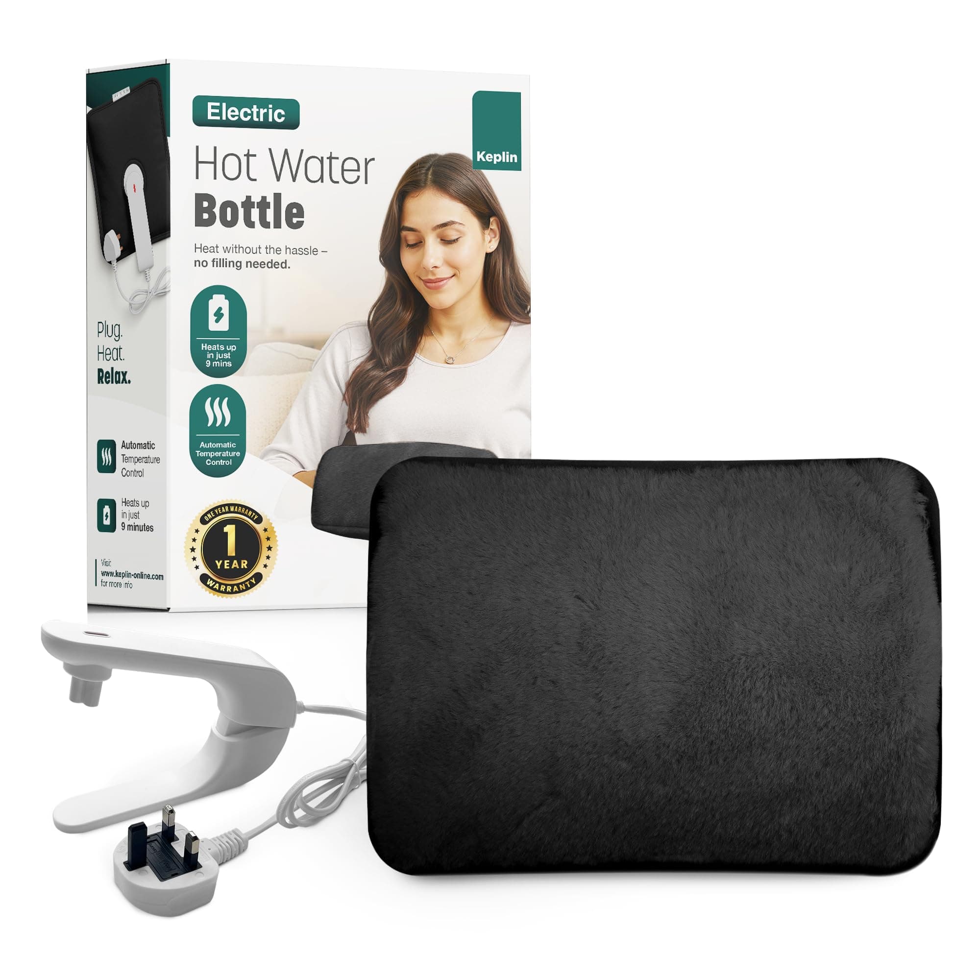 KEPLIN Rechargeable Electric Hot Water Bottle Soft & Cosy Bed, Hand & Body Warmer - Fast Heating, Auto-Shut Off Function, Over-Heat Protection & No Refill Heat Pad - 1 Year Warranty (Black)