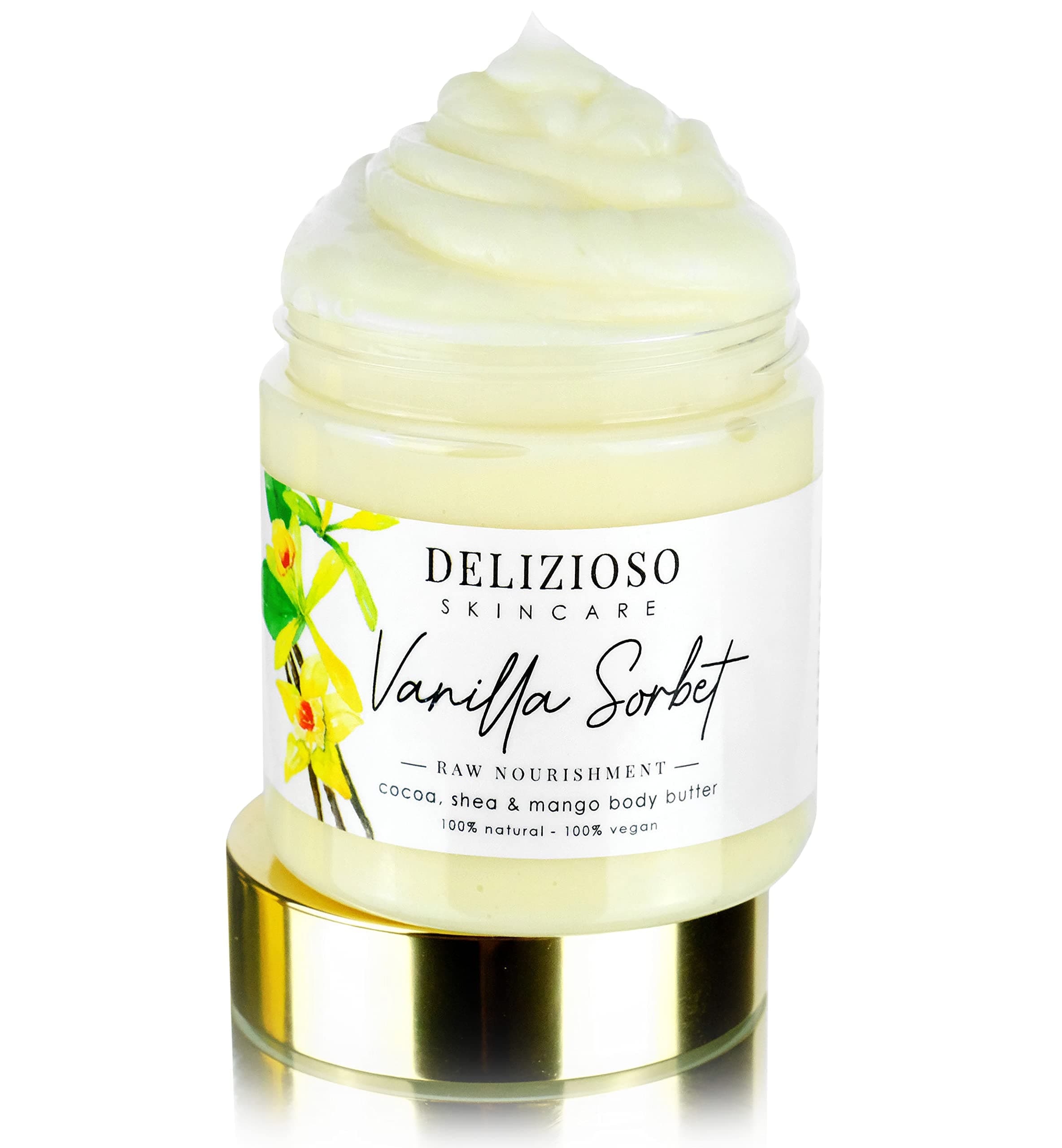 Vanilla Sorbet 100% Natural & Vegan Raw Nourishment Body Butter - Cocoa, Shea & Mango Butter - Rich, Quick Absorbing Moisturizer For Full Body, Hands & Feet - Handmade, Cruelty Free, with Organics - 8 oz